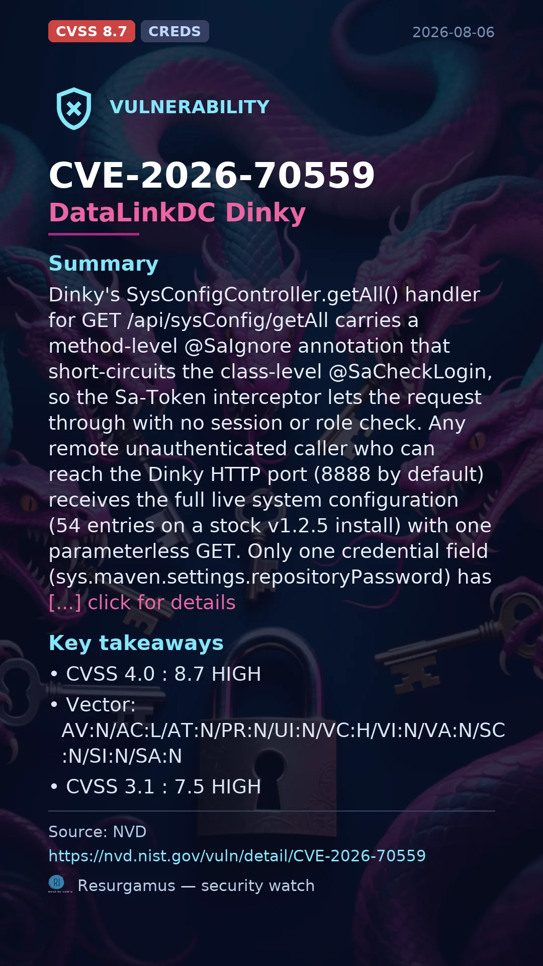 CVE-2026-70559 DataLinkDC Dinky Vulnerability