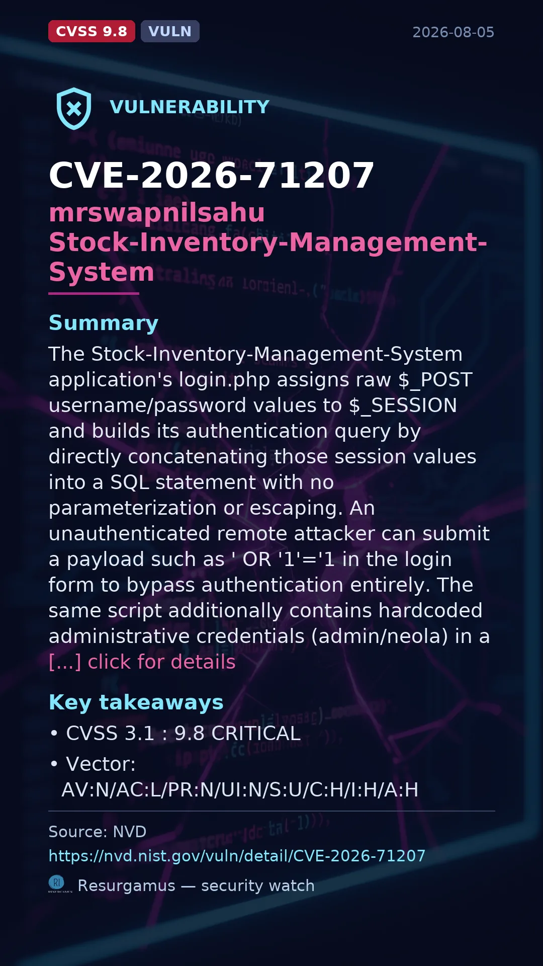 CVE-2026-71207 mrswapnilsahu Stock-Inventory-Management-System Vulnerability