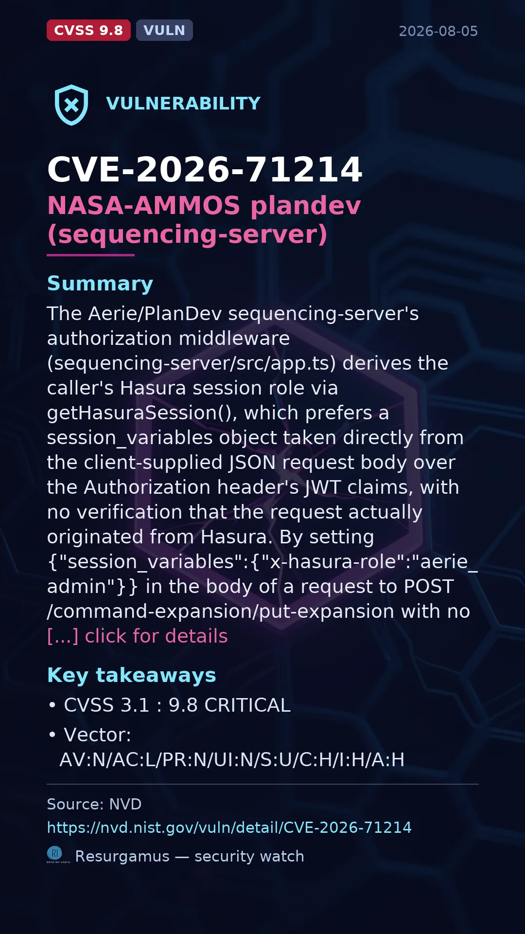 CVE-2026-71214 NASA-AMMOS plandev (sequencing-server) Vulnerability