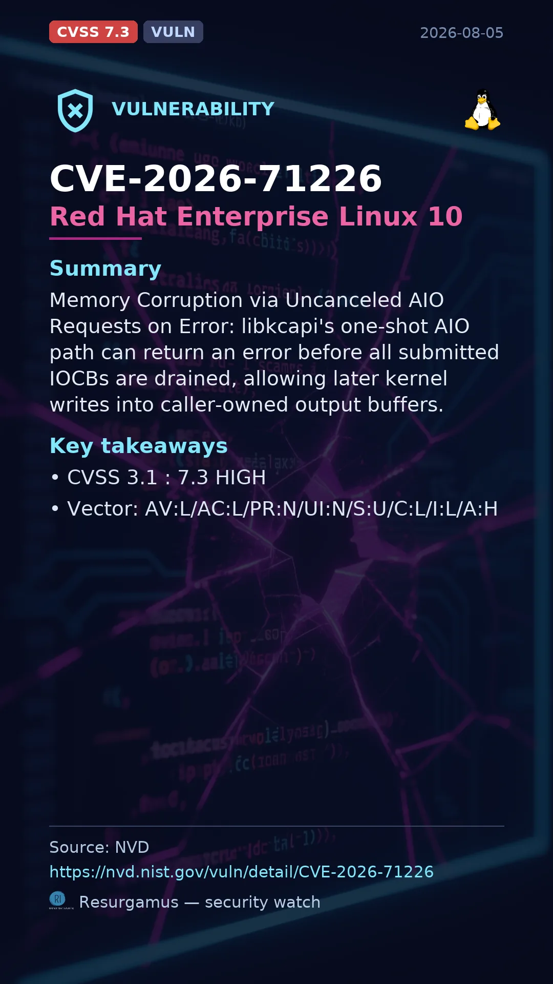 CVE-2026-71226 Red Hat Enterprise Linux 10 Vulnerability