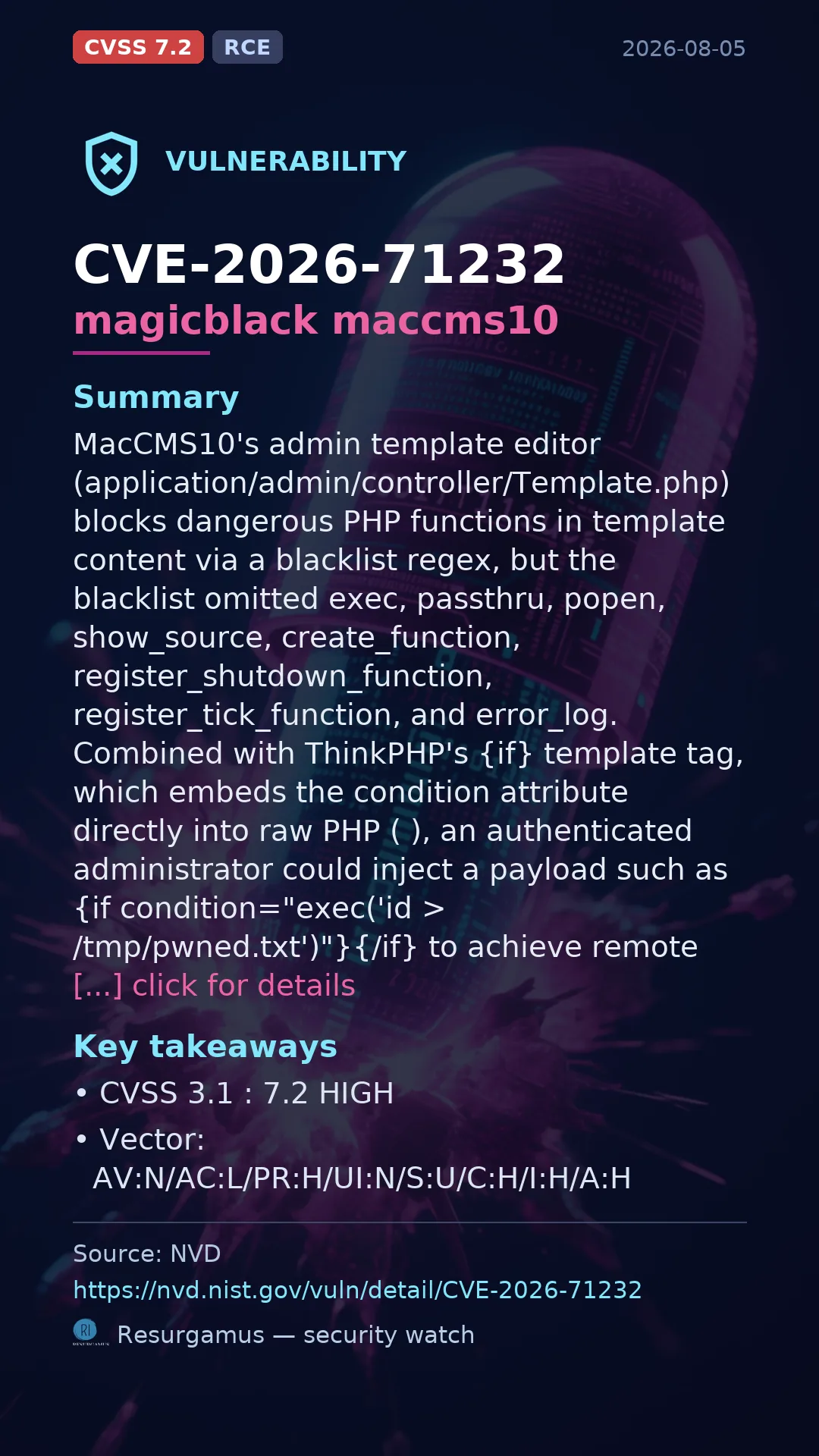CVE-2026-71232 magicblack maccms10 Vulnerability