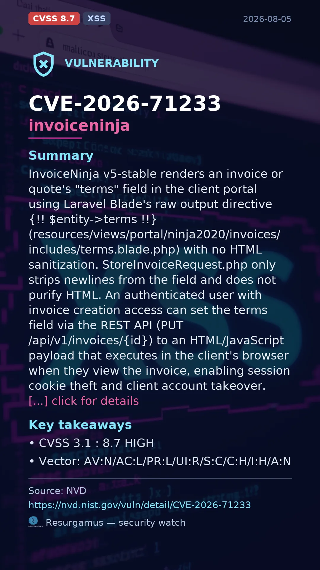 CVE-2026-71233 invoiceninja Vulnerability