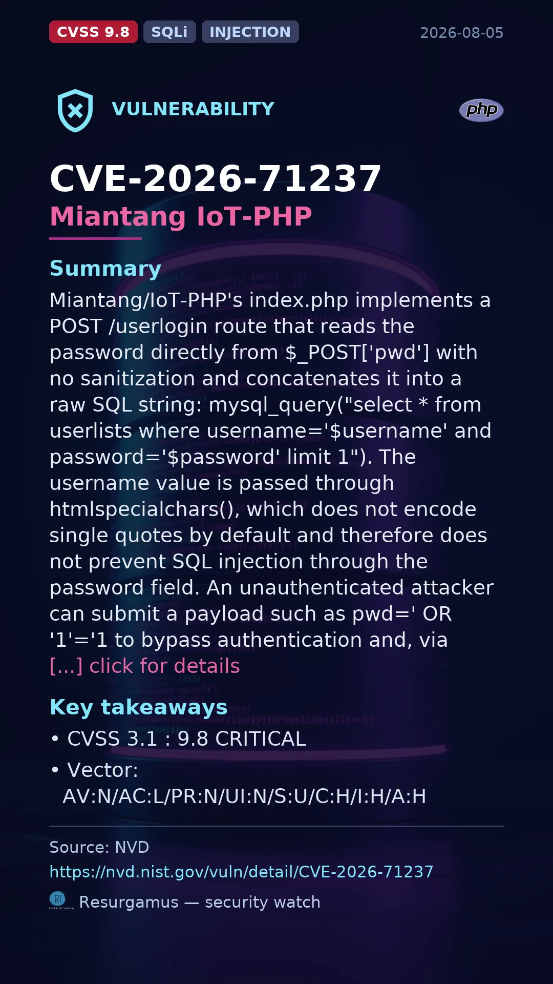 CVE-2026-71237 Miantang IoT-PHP Vulnerability