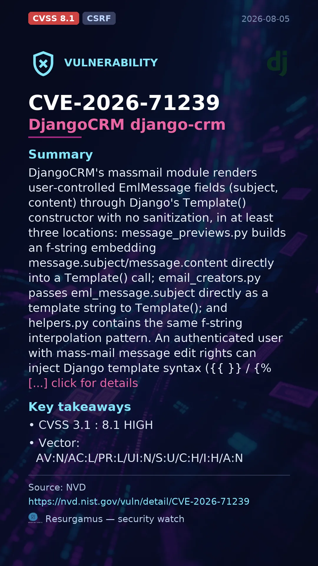CVE-2026-71239 DjangoCRM django-crm Vulnerability