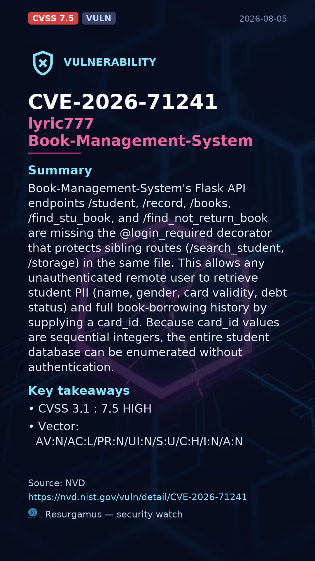 CVE-2026-71241 lyric777 Book-Management-System Vulnerability