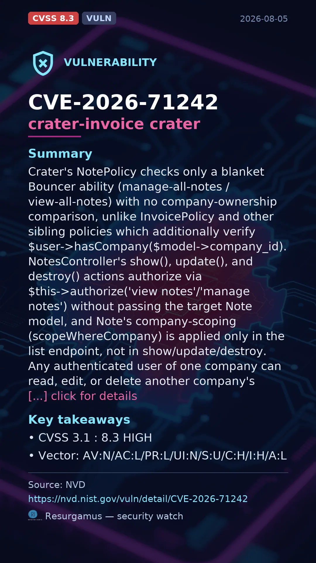 CVE-2026-71242 crater-invoice crater Vulnerability