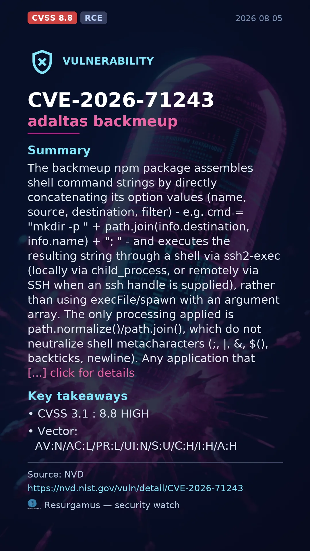 CVE-2026-71243 adaltas backmeup Vulnerability