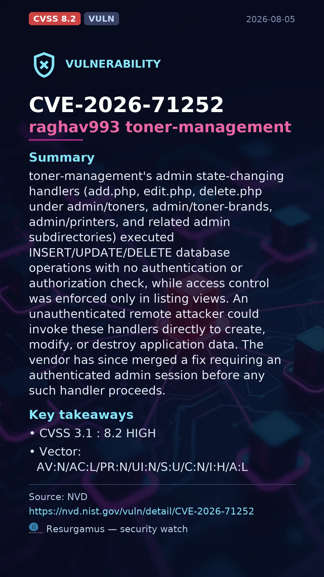 CVE-2026-71252 raghav993 toner-management Vulnerability