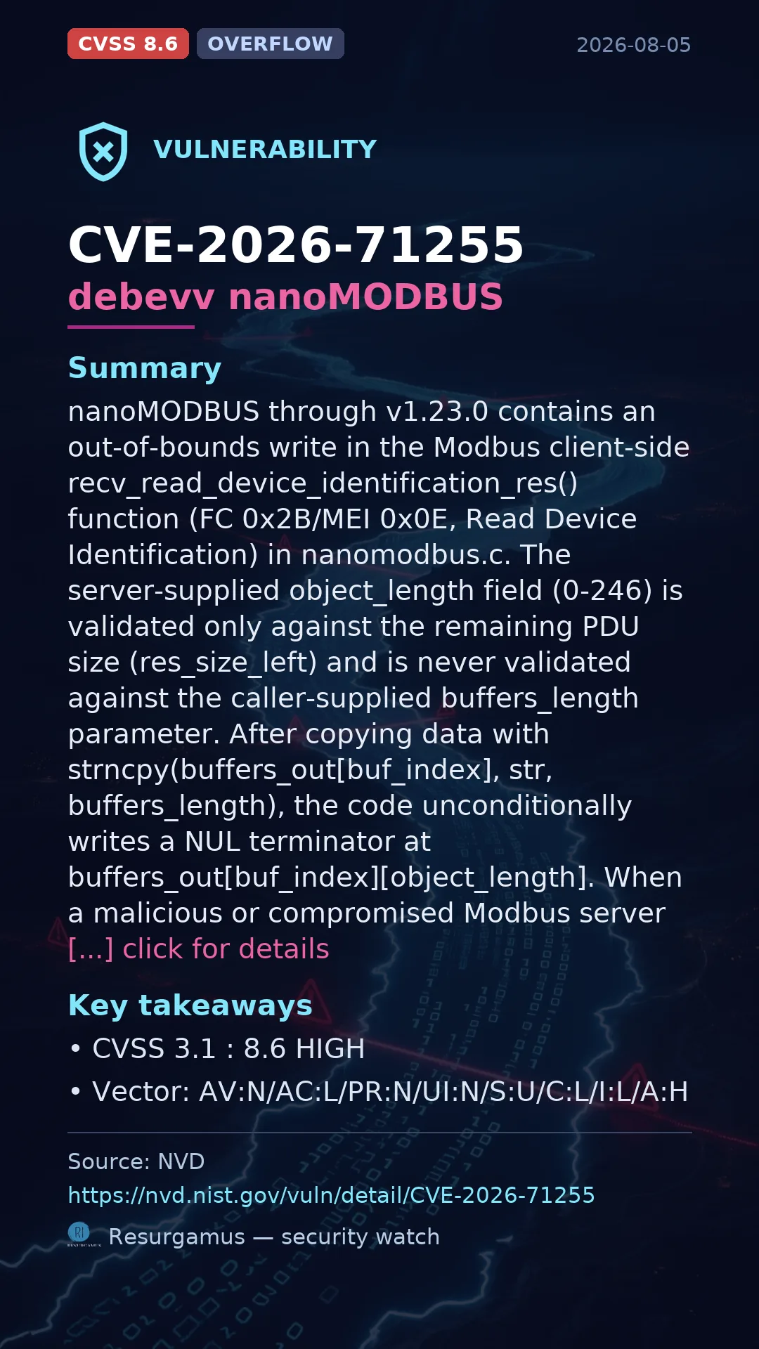 CVE-2026-71255 debevv nanoMODBUS Vulnerability