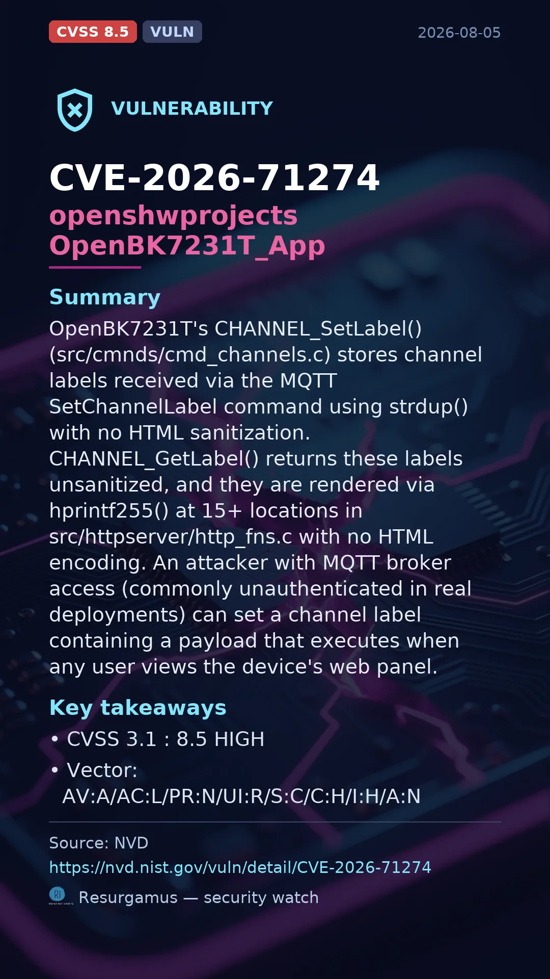CVE-2026-71274 openshwprojects OpenBK7231T_App Vulnerability
