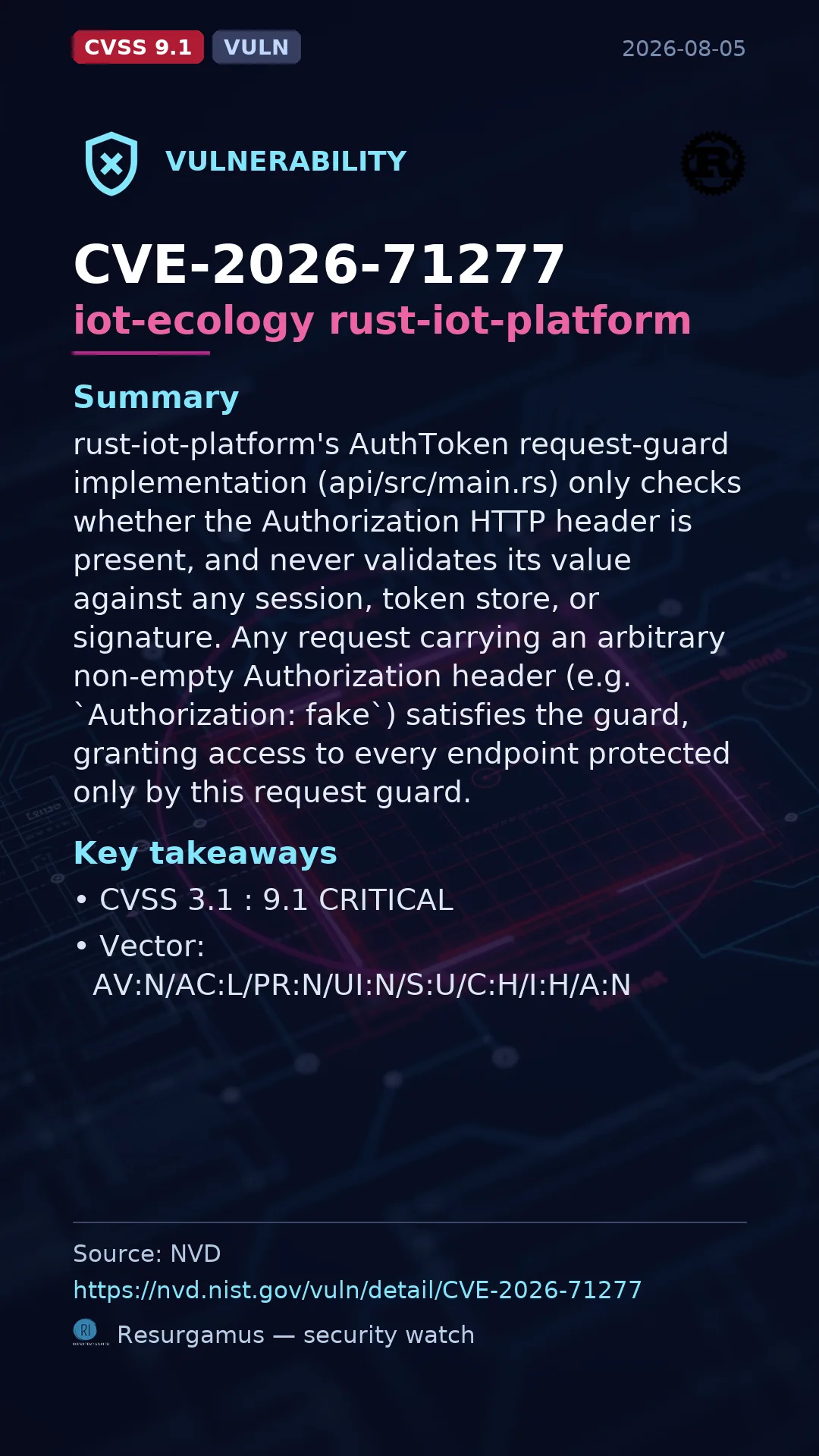 CVE-2026-71277 iot-ecology rust-iot-platform Vulnerability