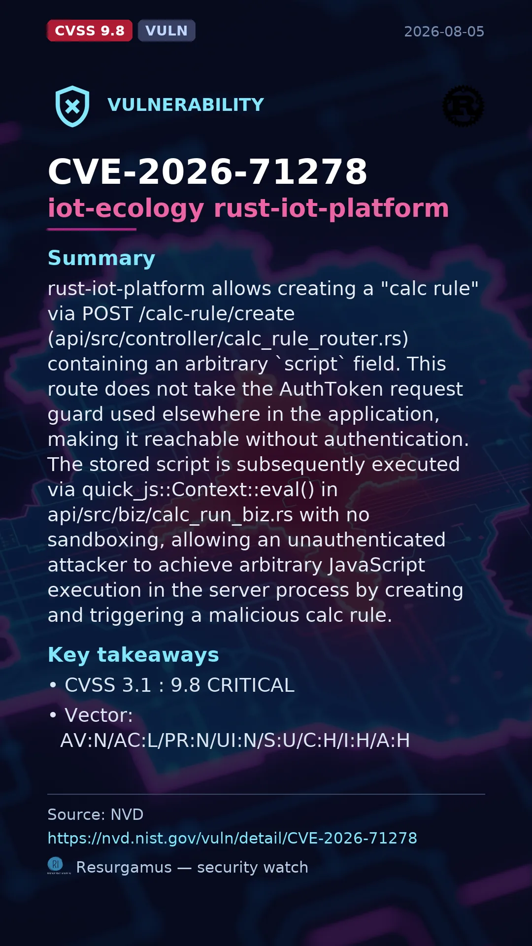 CVE-2026-71278 iot-ecology rust-iot-platform Vulnerability