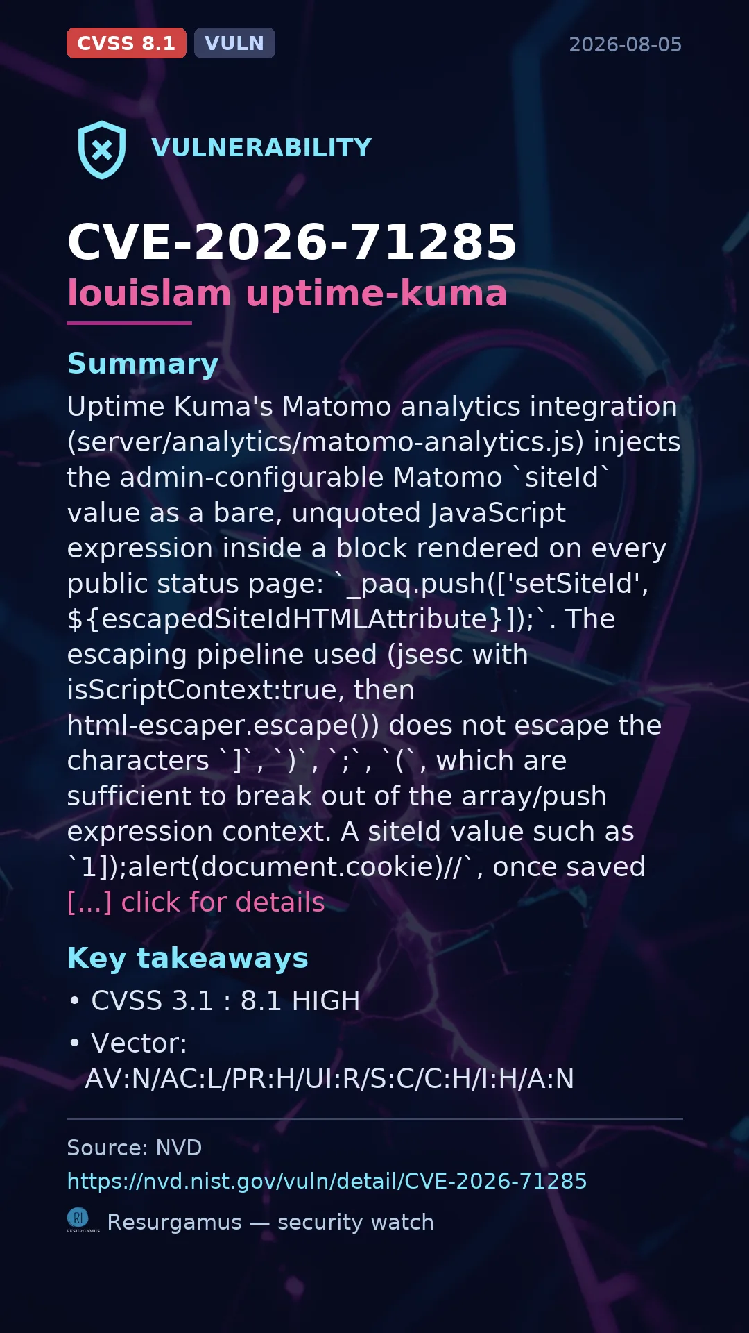 CVE-2026-71285 louislam uptime-kuma Vulnerability