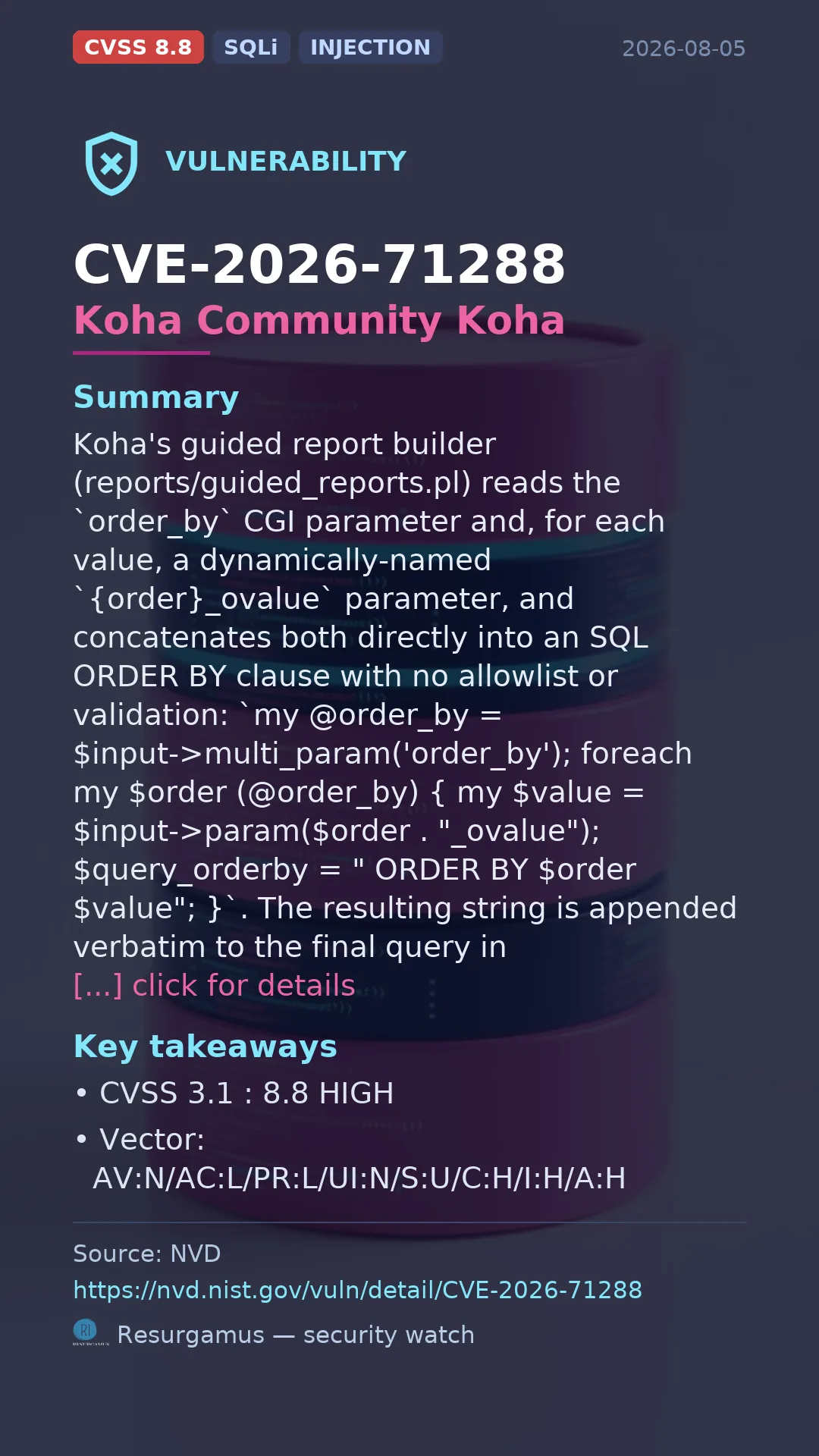 CVE-2026-71288 Koha Community Koha Vulnerability