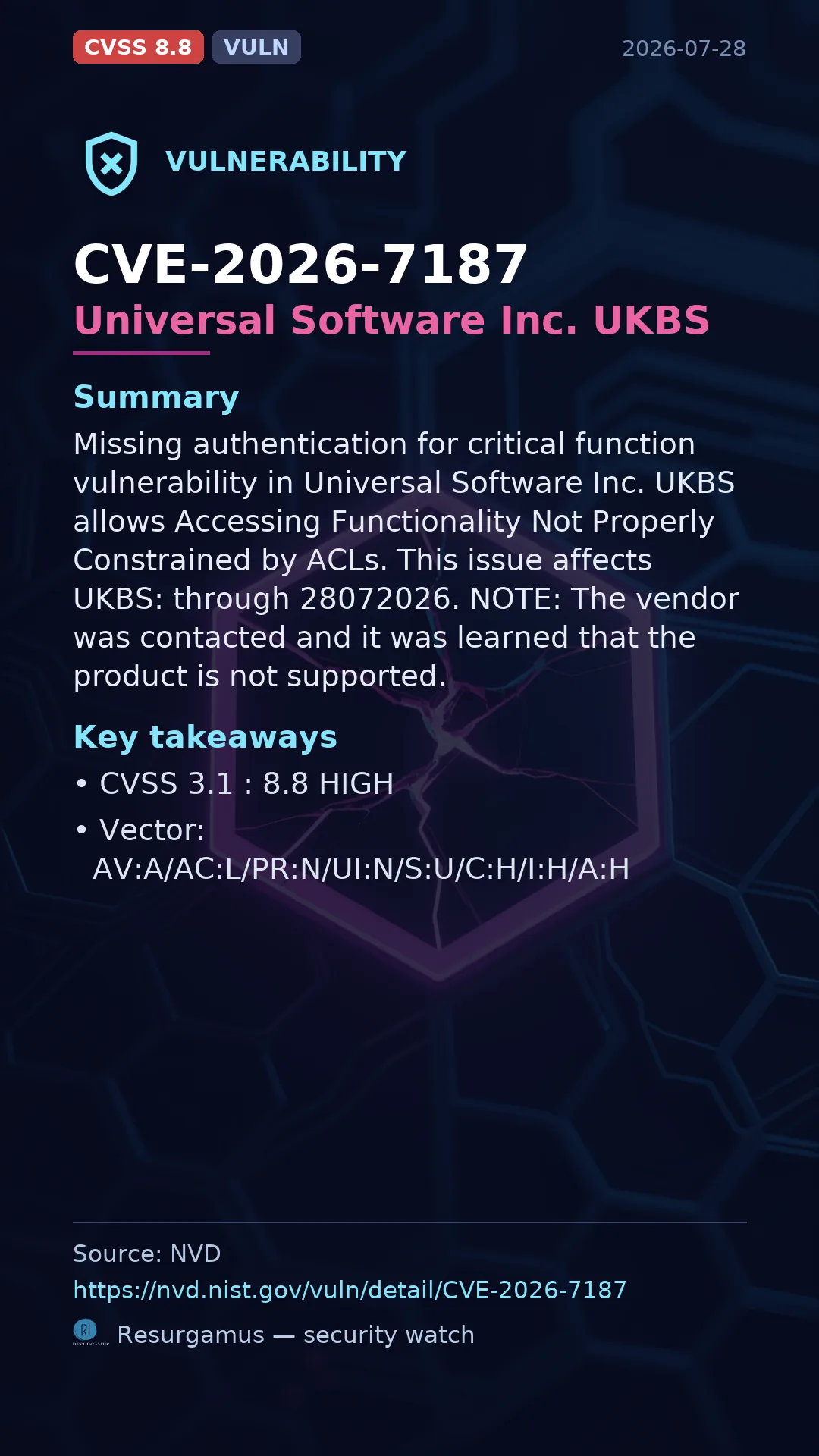 CVE-2026-7187 Universal Software Inc. UKBS Vulnerability