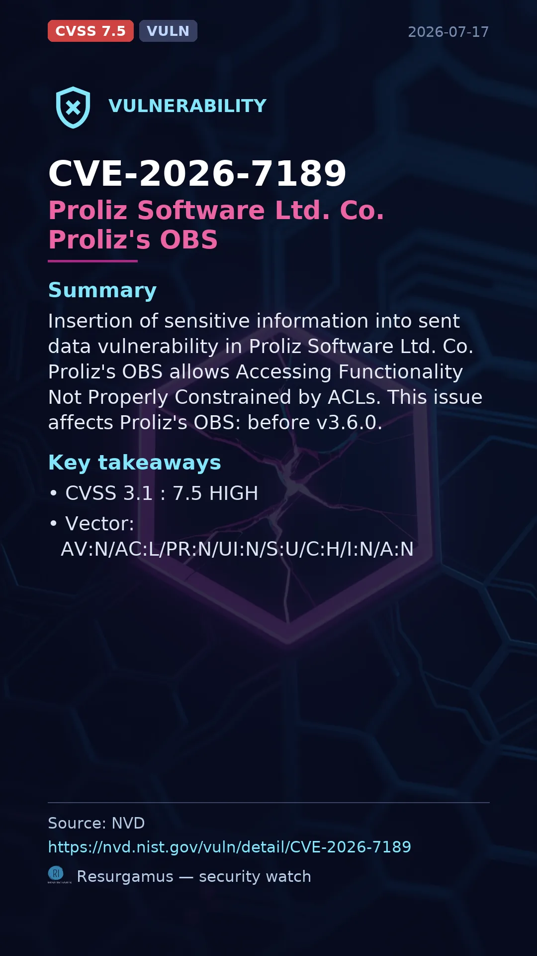CVE-2026-7189 Proliz Software Ltd. Co. Proliz's OBS Vulnerability
