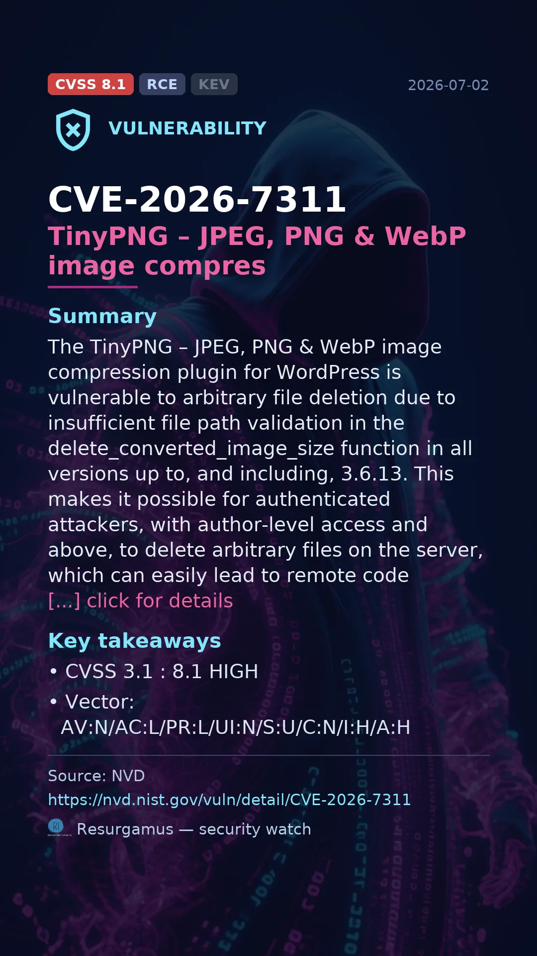 CVE-2026-7311 TinyPNG – JPEG, PNG & WebP image compres Vulnerability