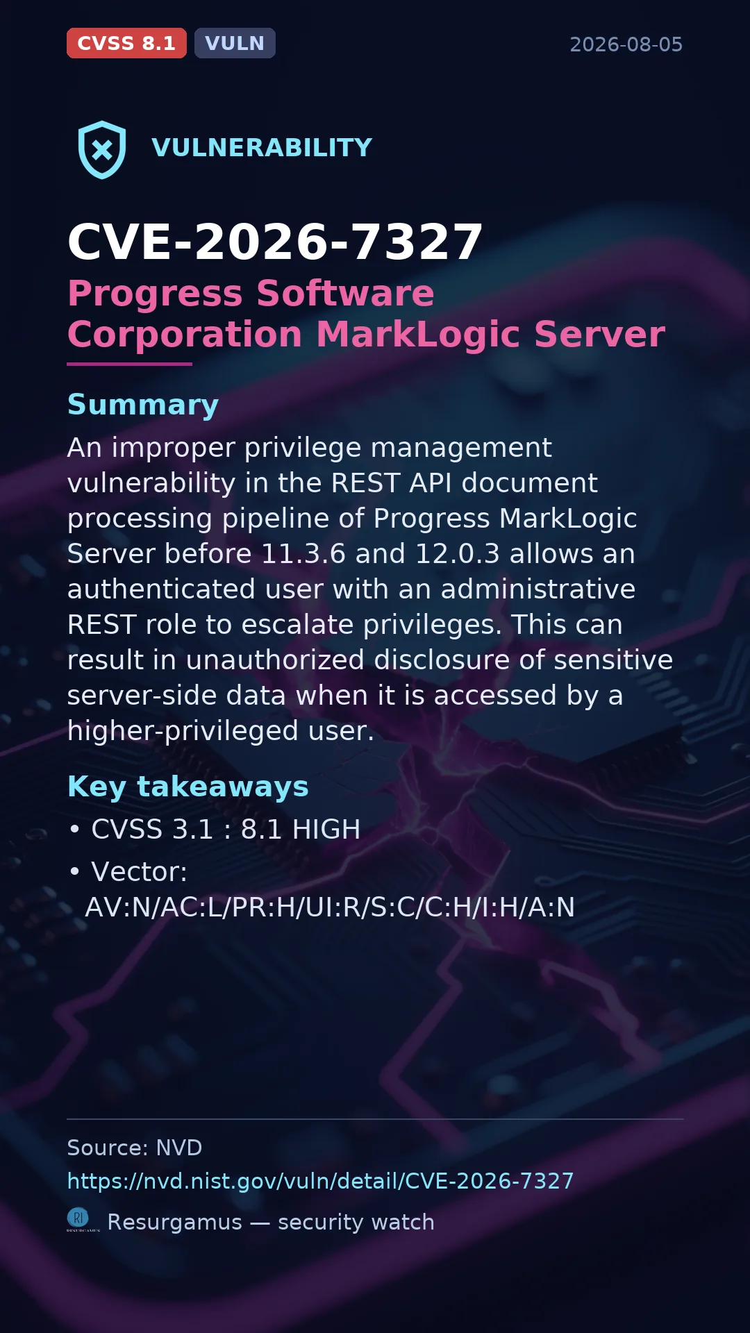 CVE-2026-7327 Progress Software Corporation MarkLogic Server Vulnerability