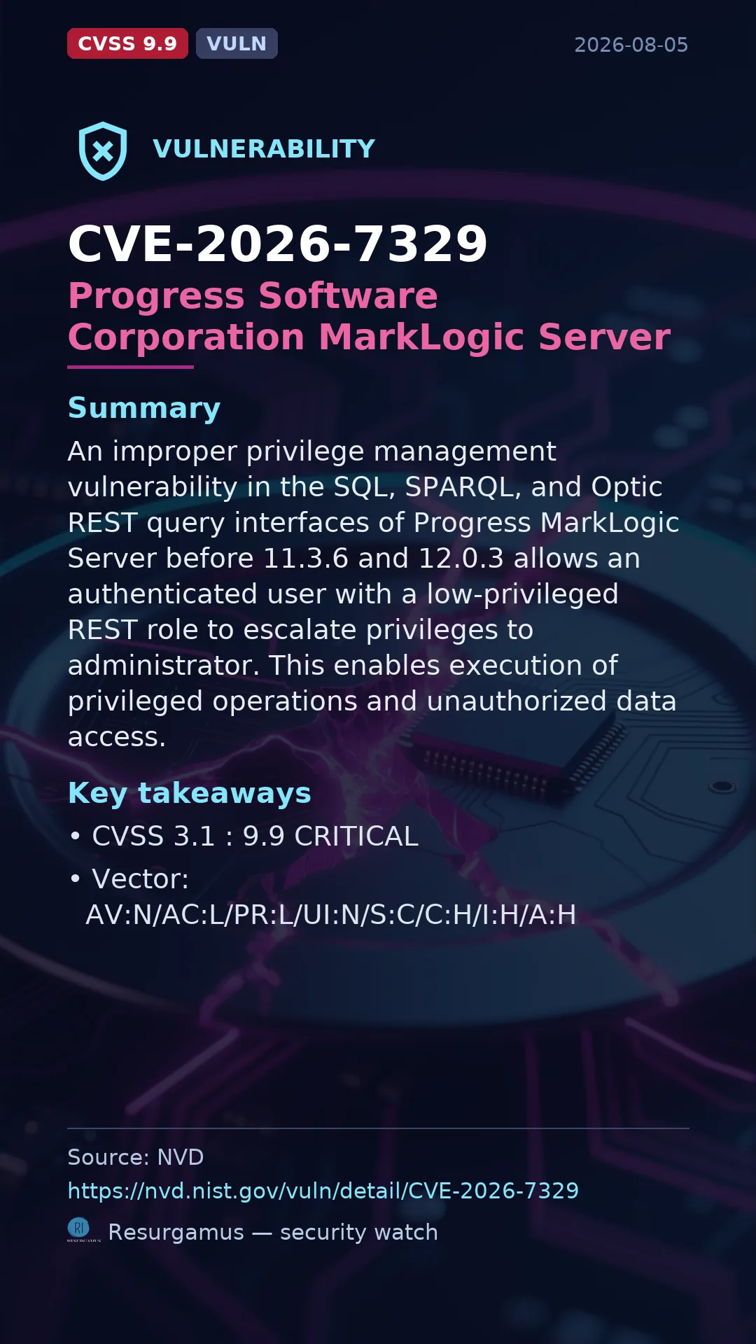 CVE-2026-7329 Progress Software Corporation MarkLogic Server Vulnerability