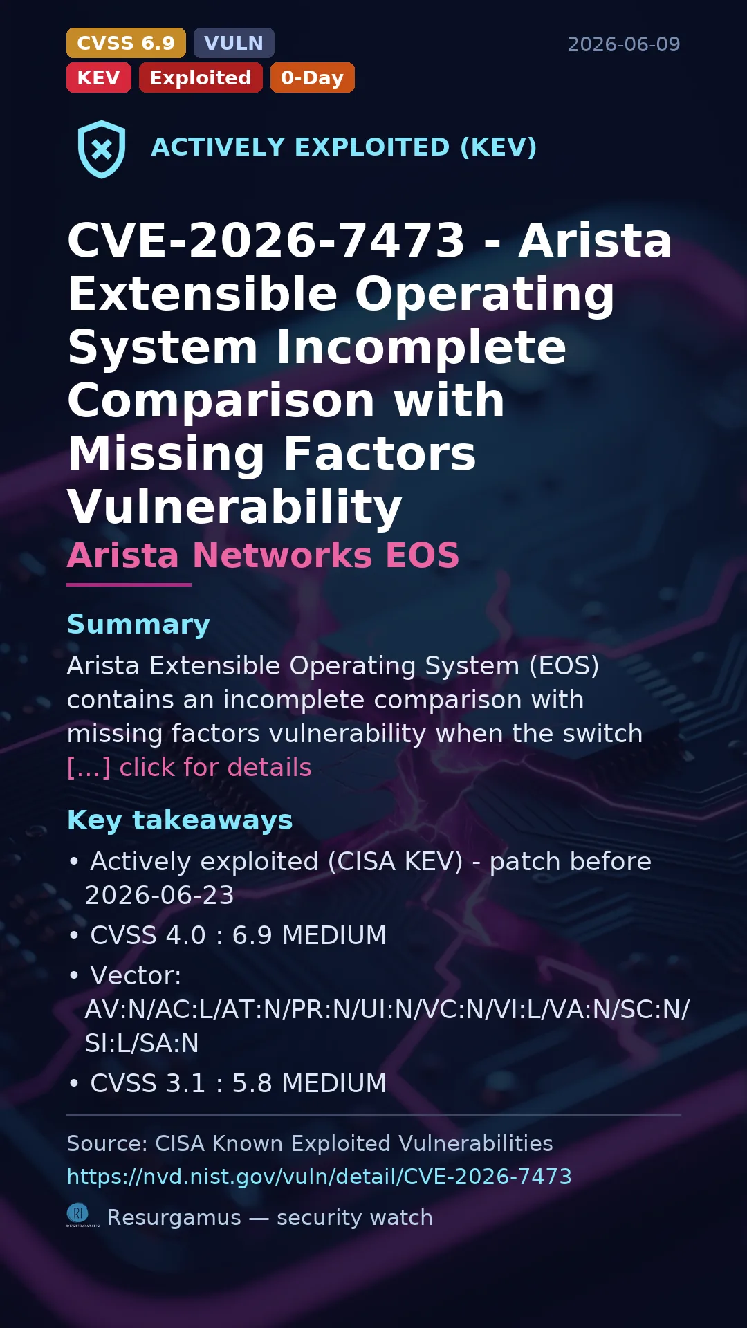 CVE-2026-7473 - Arista Networks EOS - actively exploited (KEV) vulnerability