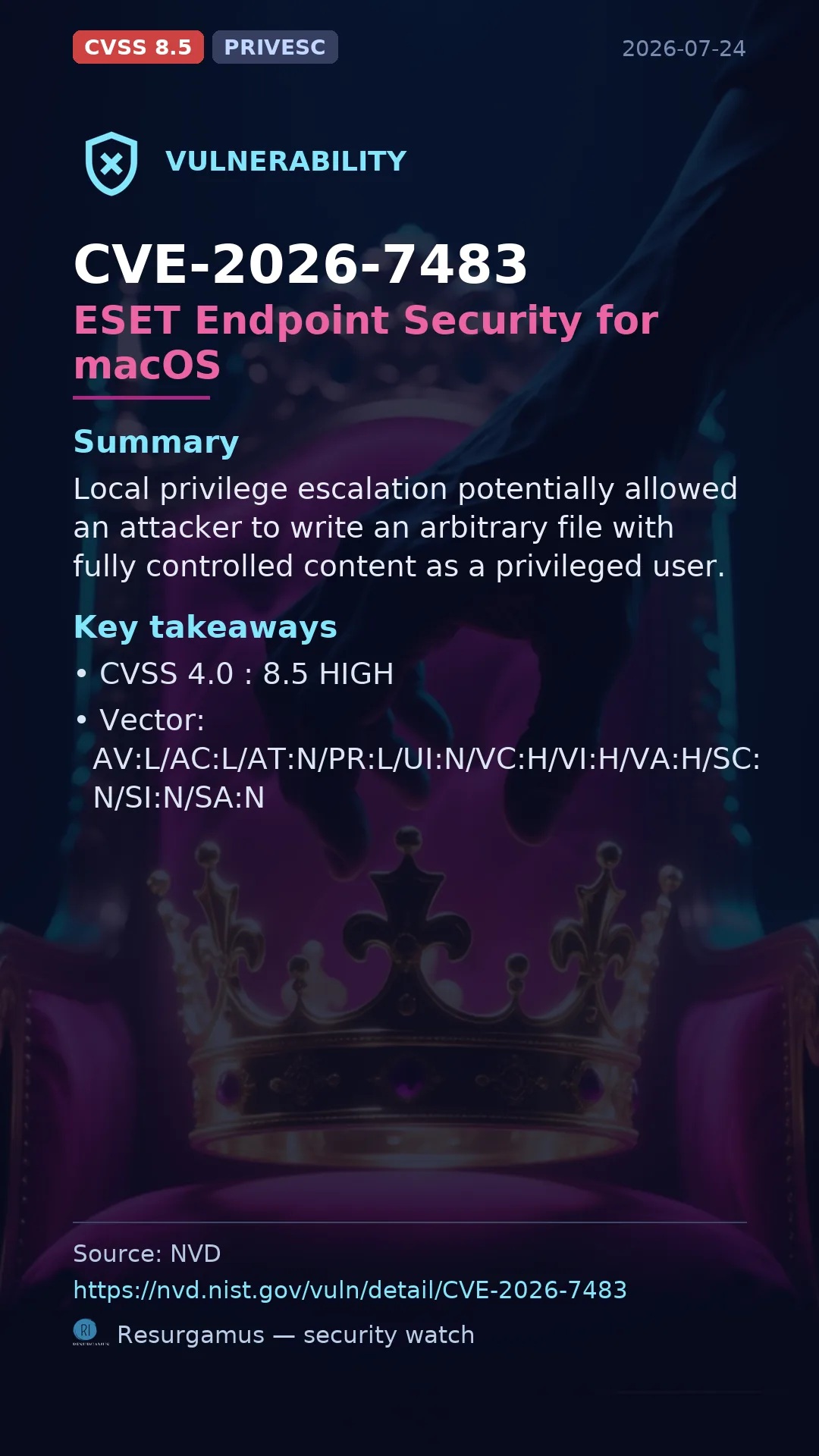 CVE-2026-7483 - ESET Endpoint Security for macOS vulnerability