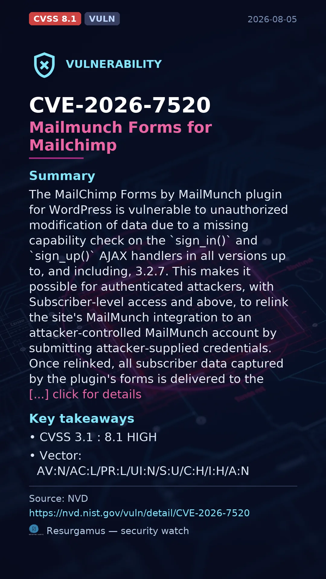CVE-2026-7520 Mailmunch Forms for Mailchimp Vulnerability