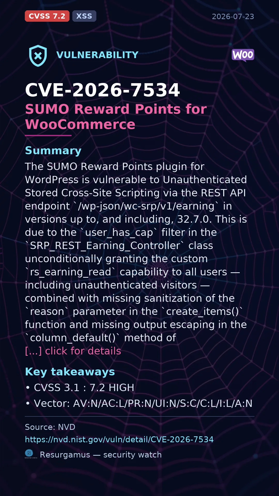 CVE-2026-7534 SUMO Reward Points for WooCommerce Vulnerability