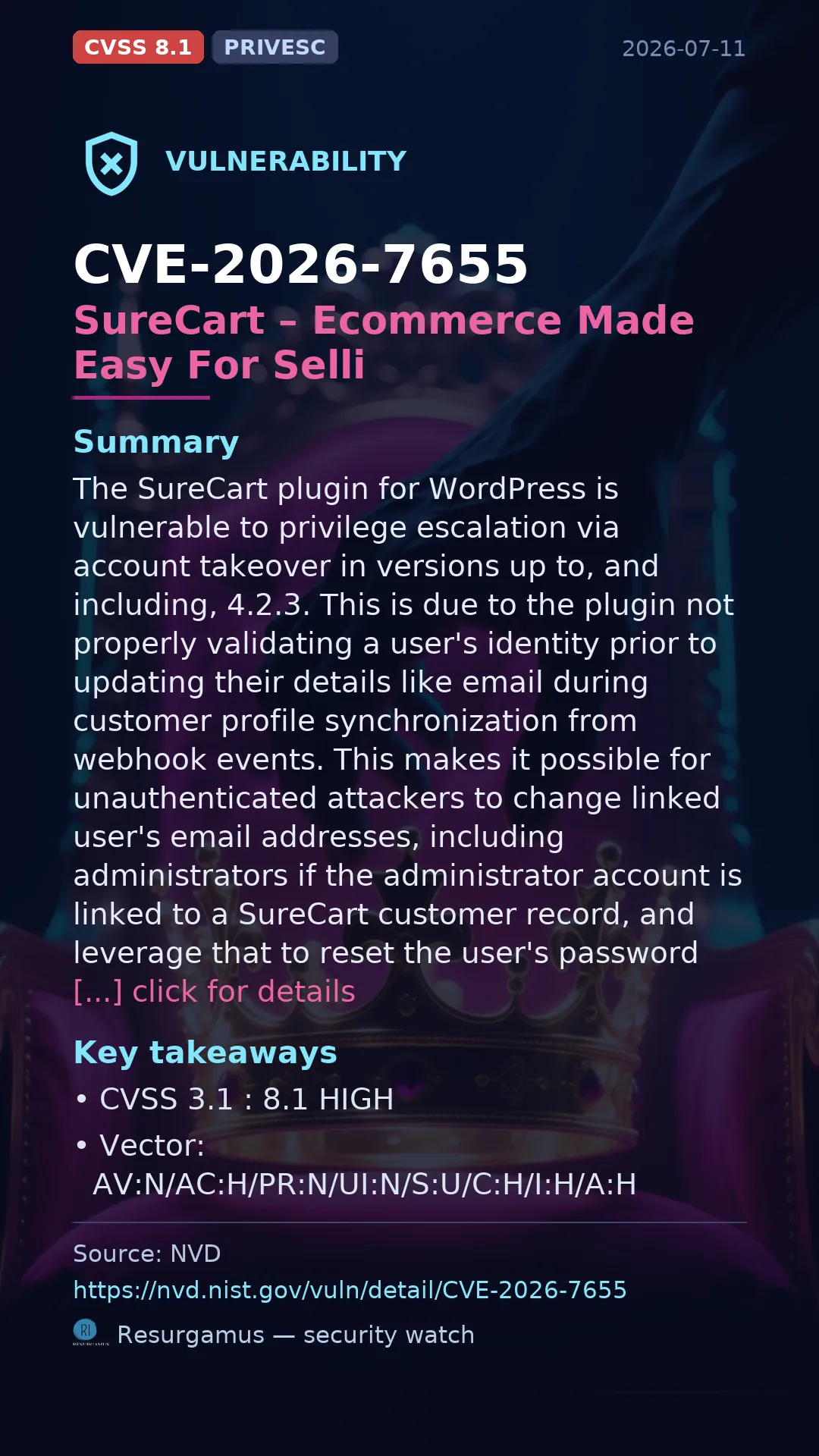 CVE-2026-7655 SureCart – Ecommerce Made Easy For Selli Vulnerability