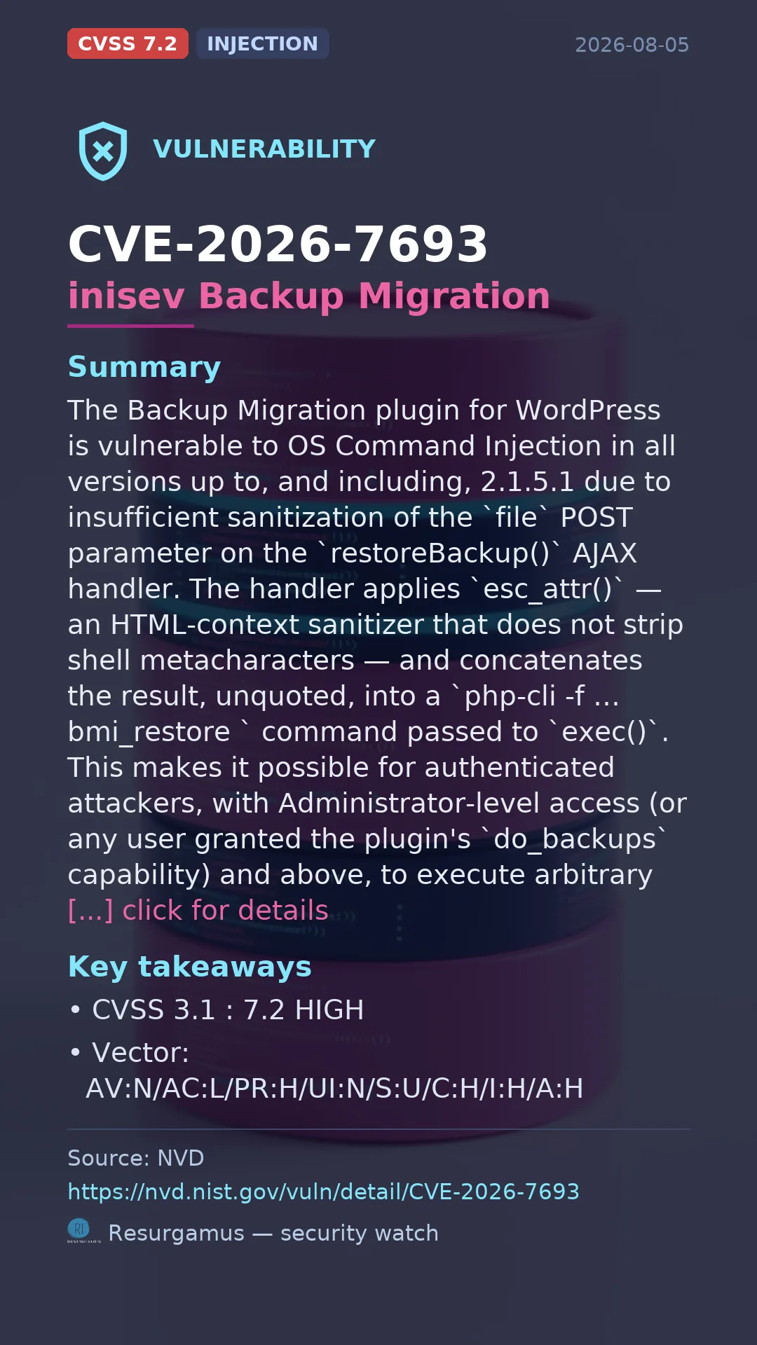 CVE-2026-7693 inisev Backup Migration Vulnerability