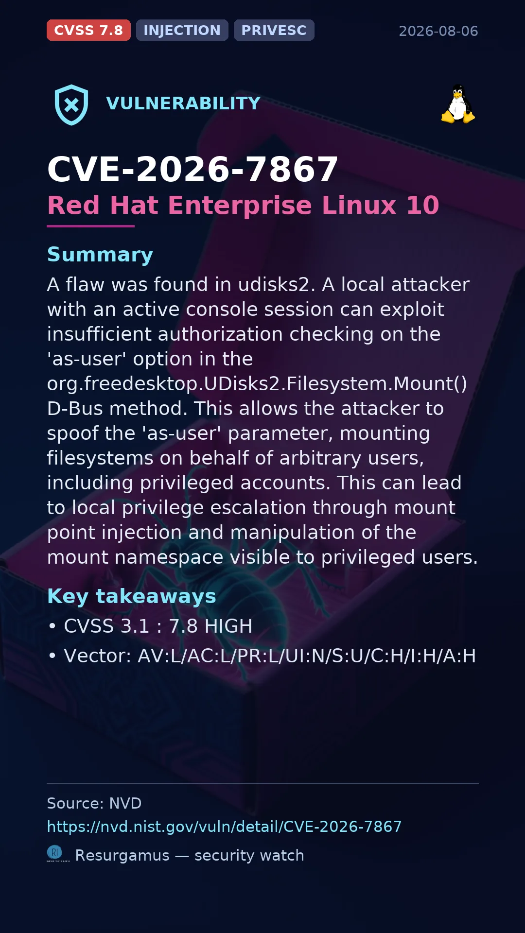 CVE-2026-7867 Red Hat Enterprise Linux 10 Vulnerability