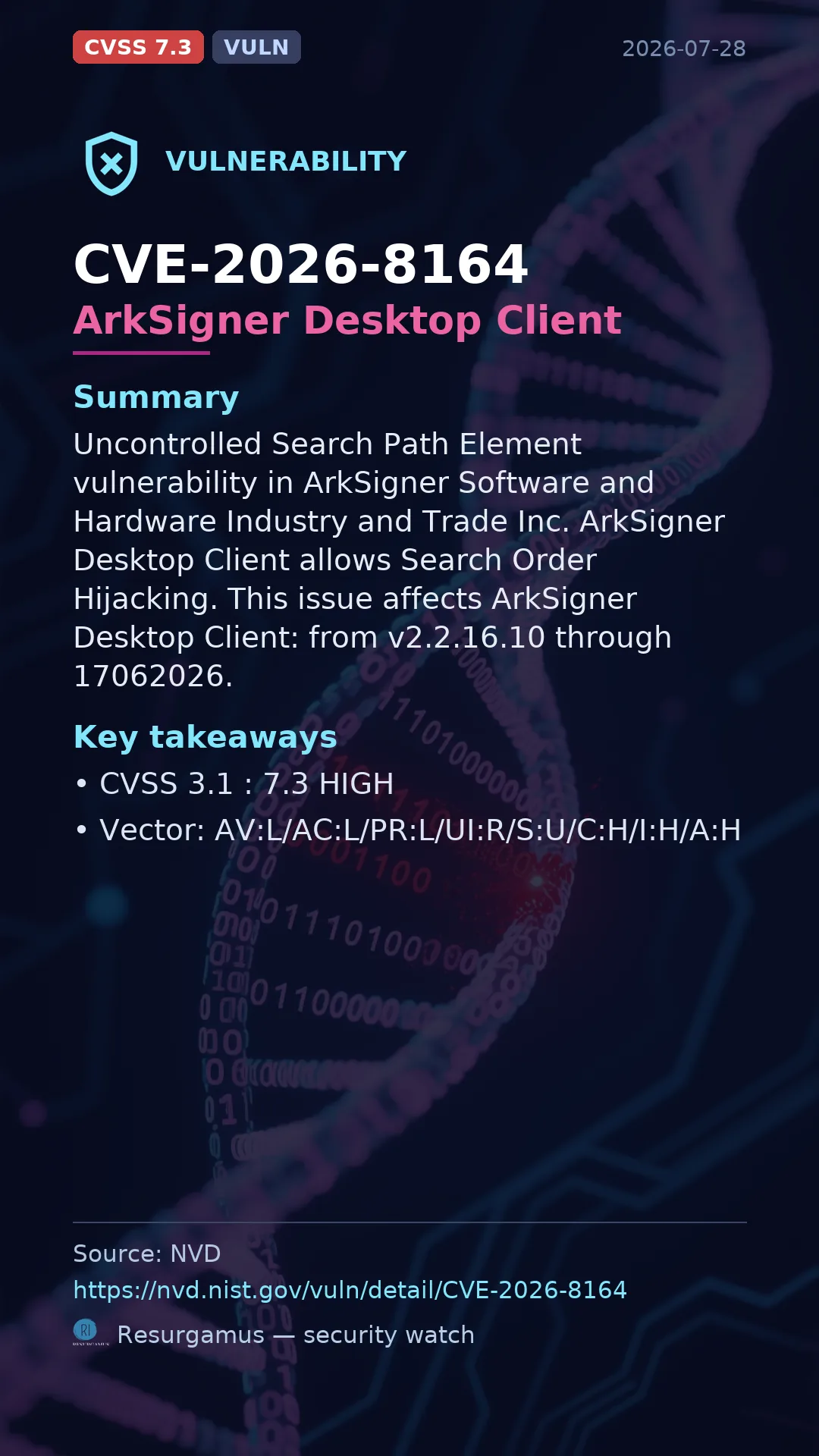 CVE-2026-8164 ArkSigner Desktop Client Vulnerability