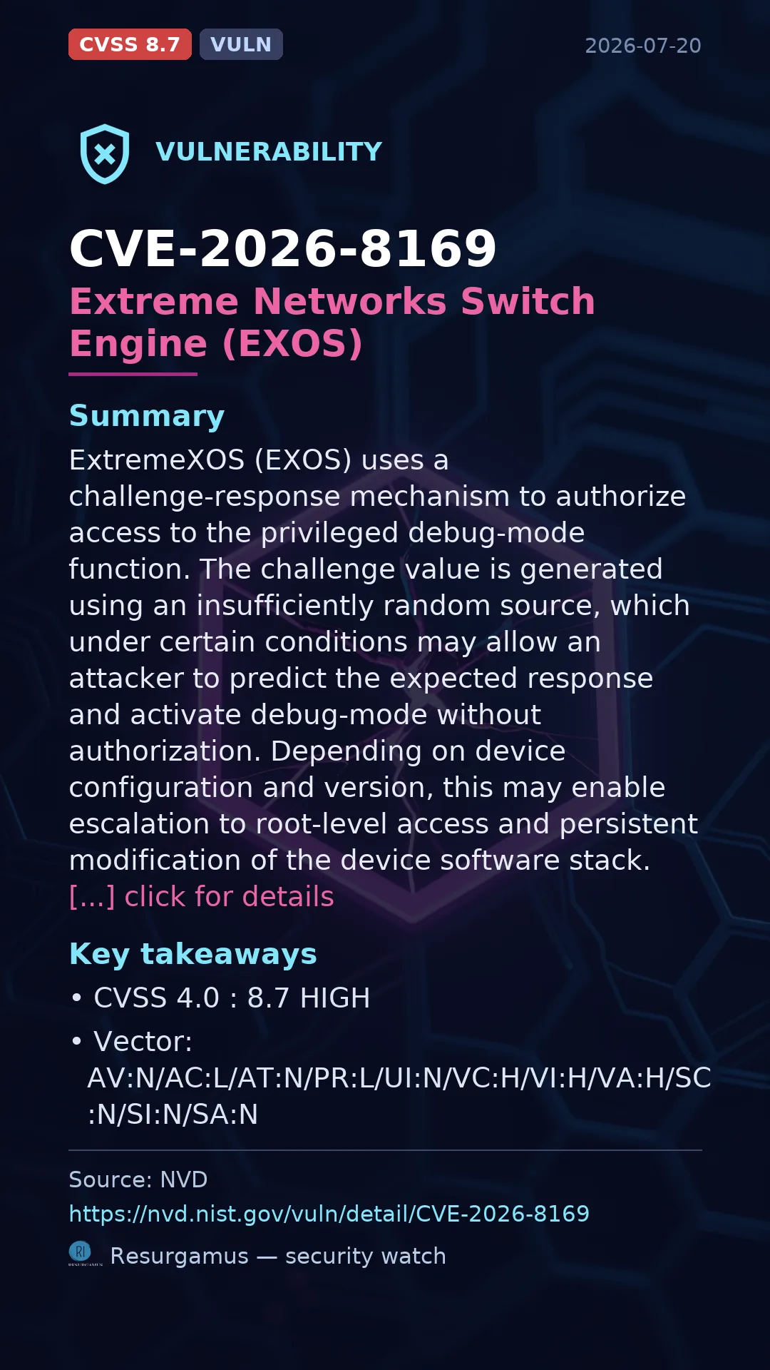 CVE-2026-8169 Extreme Networks Switch Engine (EXOS) Vulnerability