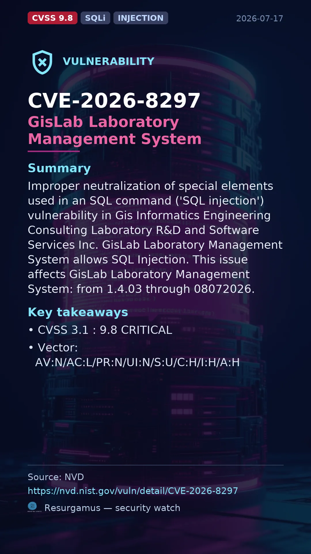 CVE-2026-8297 GisLab Laboratory Management System Vulnerability