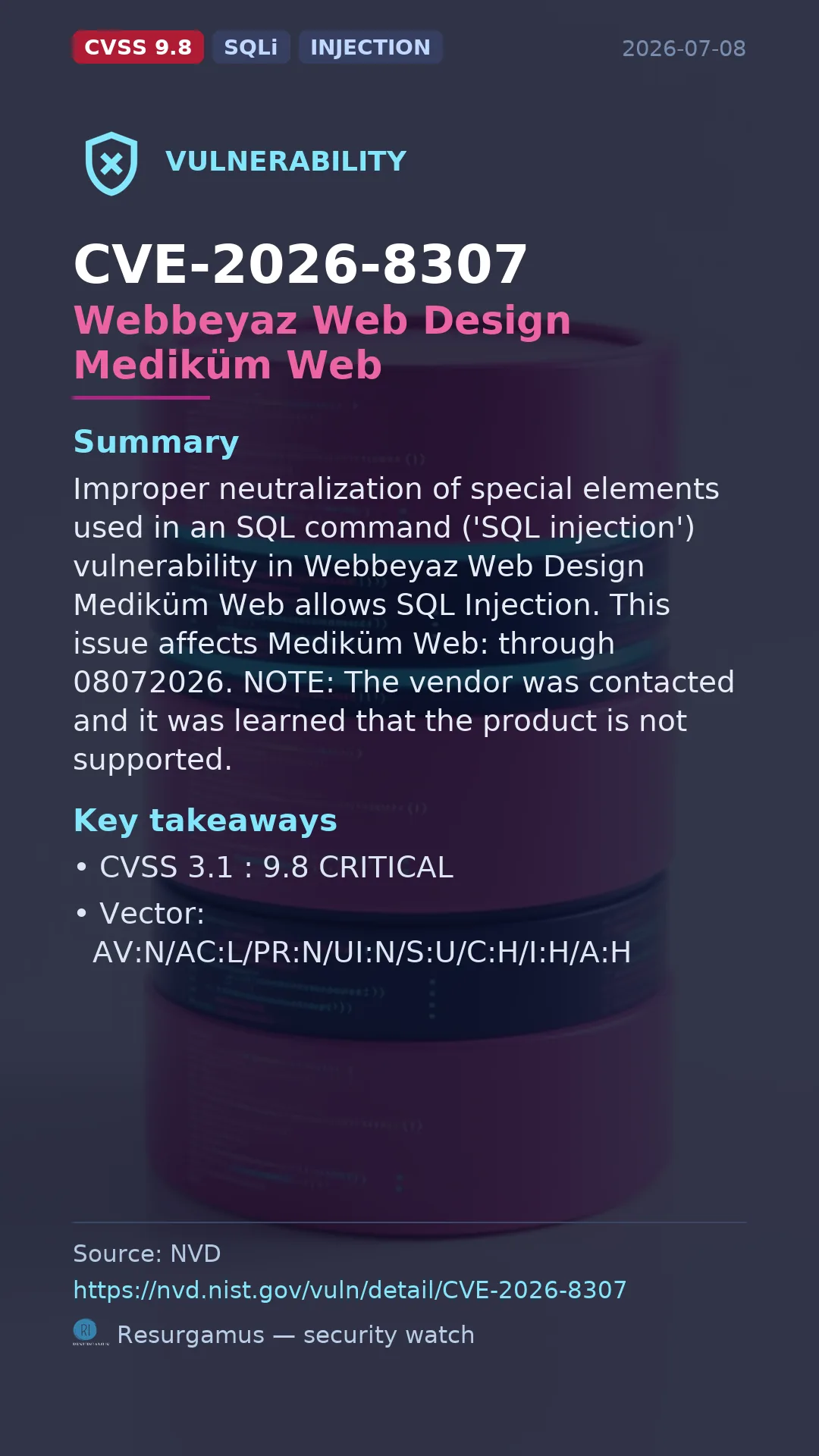 CVE-2026-8307 Webbeyaz Web Design Mediküm Web Vulnerability