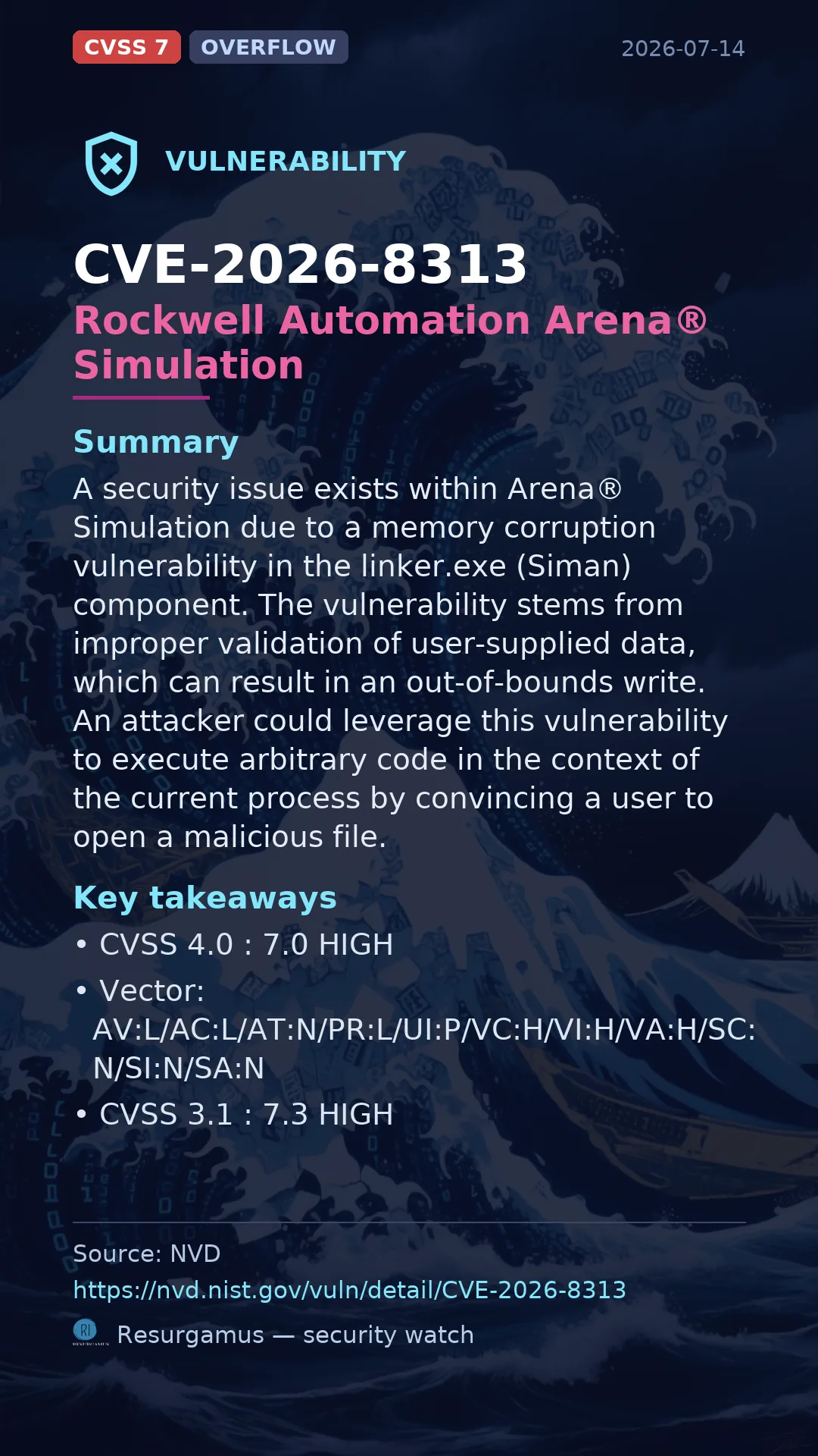 CVE-2026-8313 Rockwell Automation Arena® Simulation Vulnerability