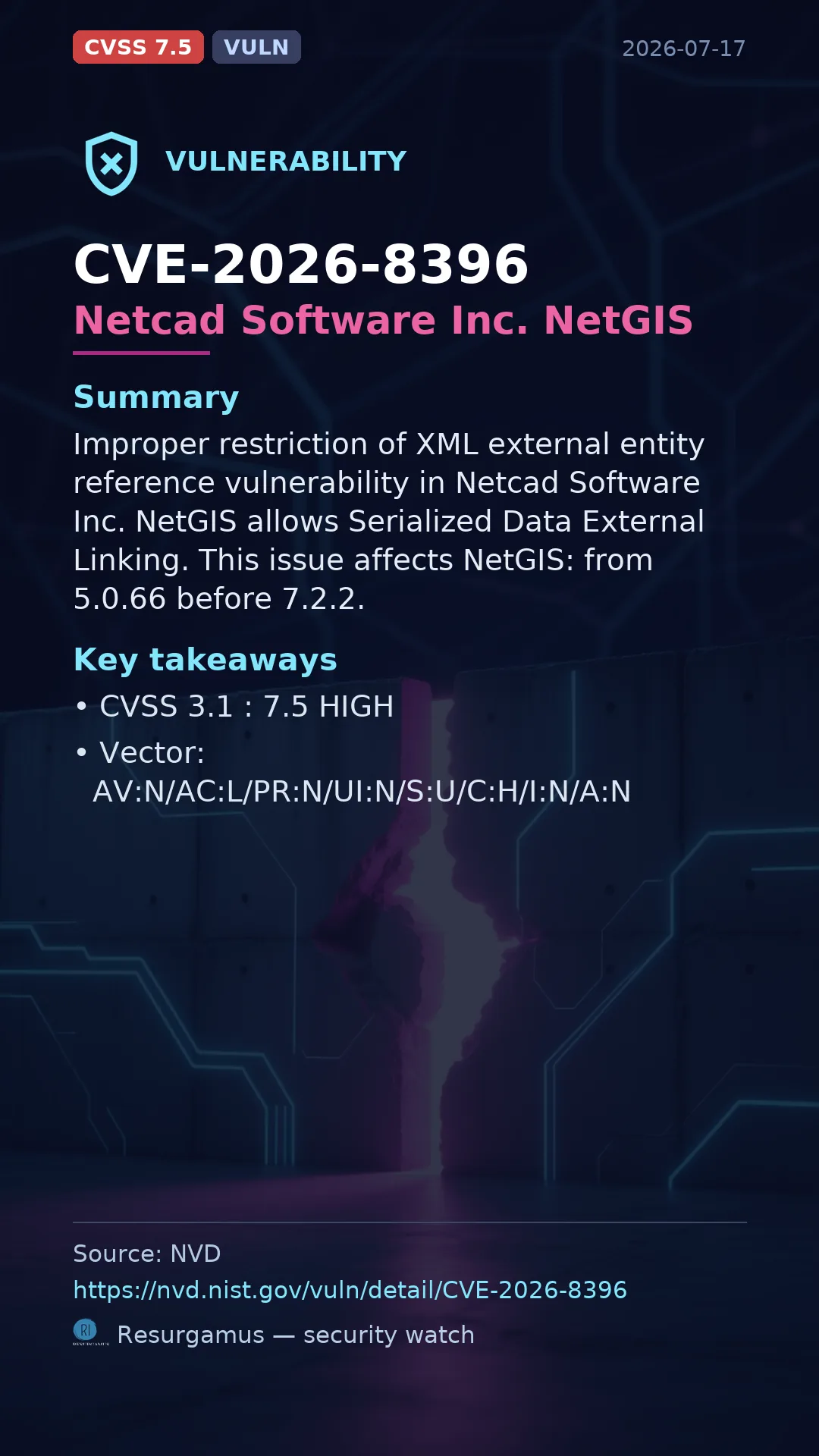 CVE-2026-8396 Netcad Software Inc. NetGIS Vulnerability