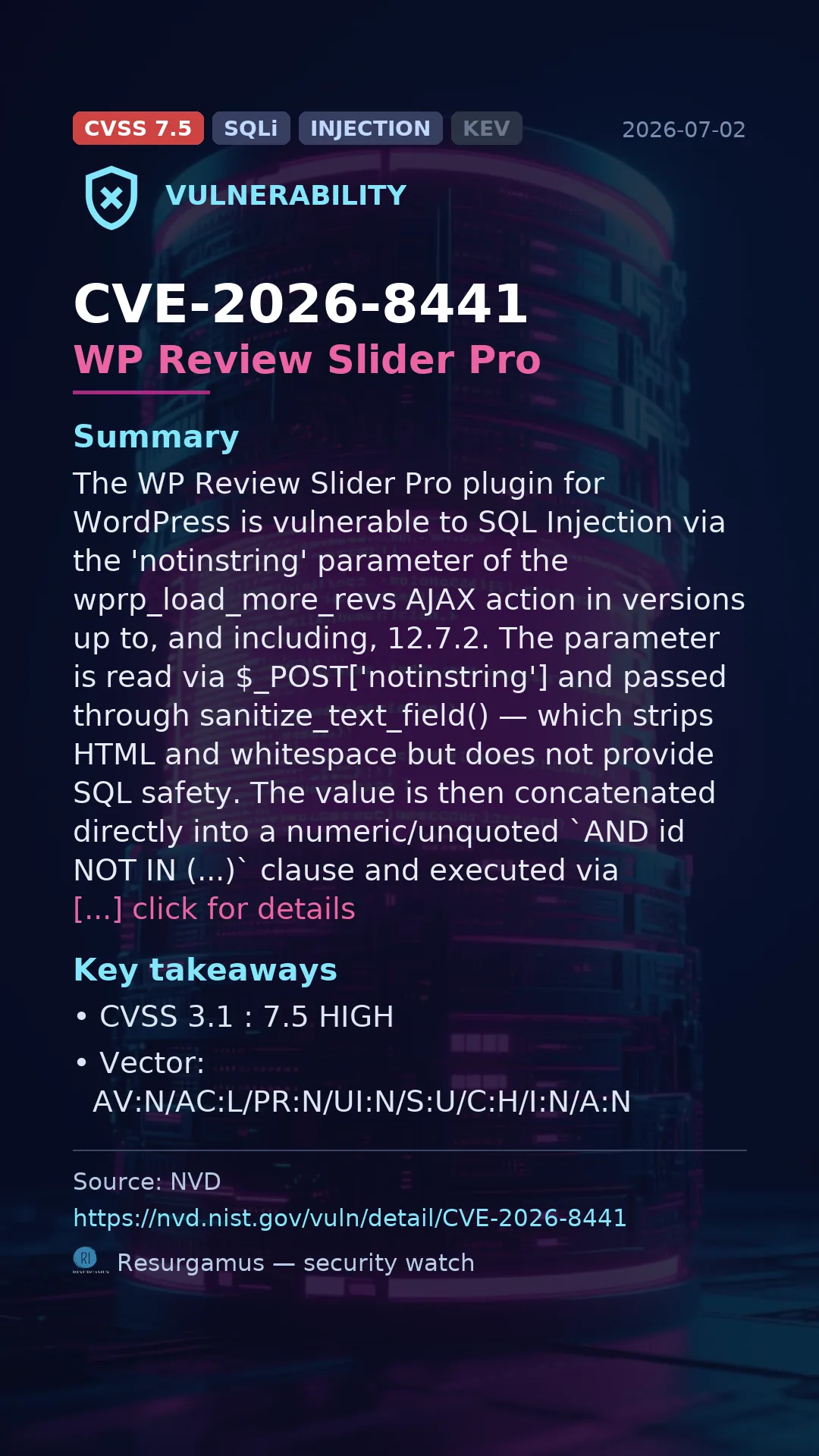 CVE-2026-8441 WP Review Slider Pro Vulnerability