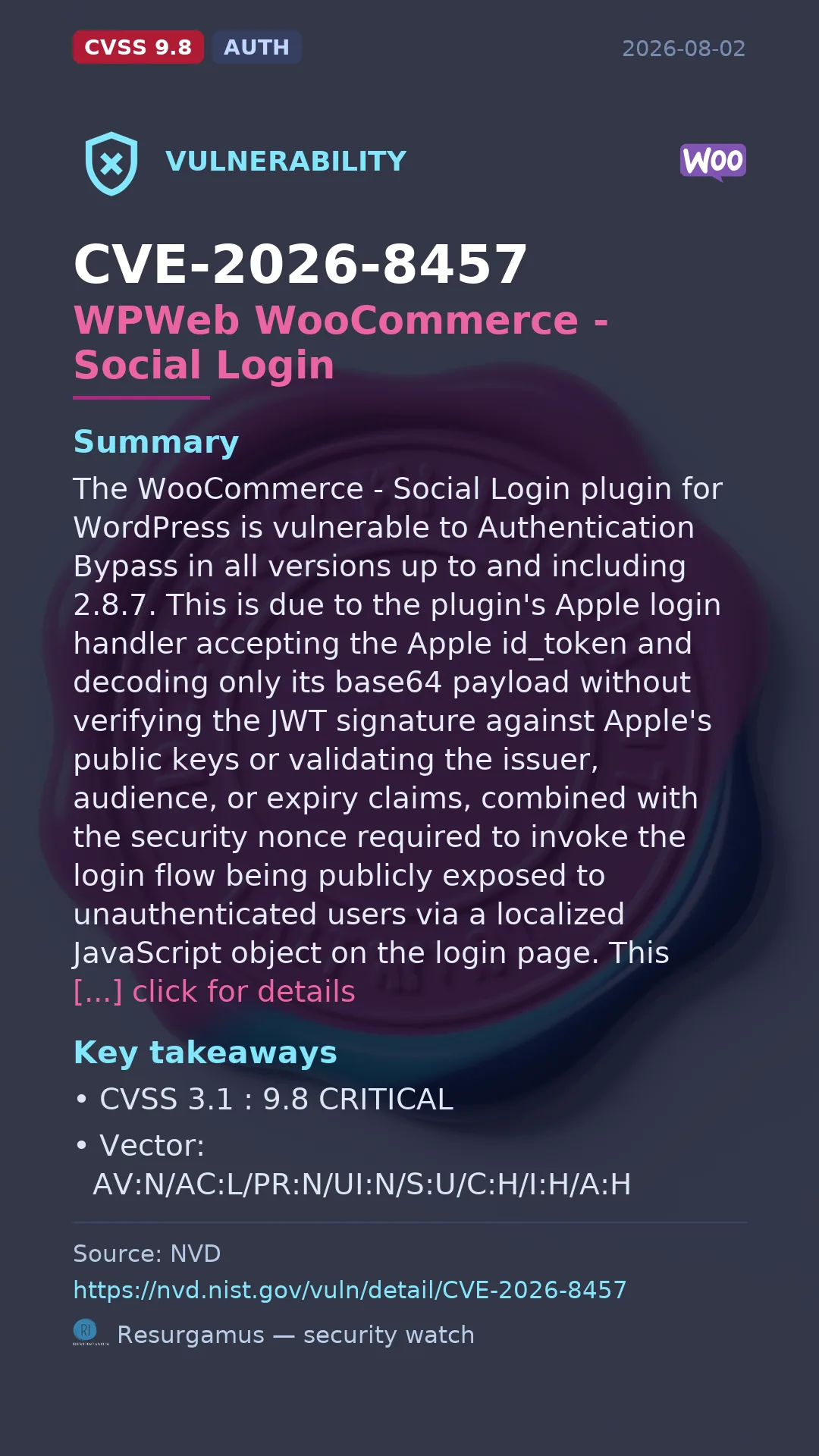 CVE-2026-8457 WPWeb WooCommerce - Social Login Vulnerability