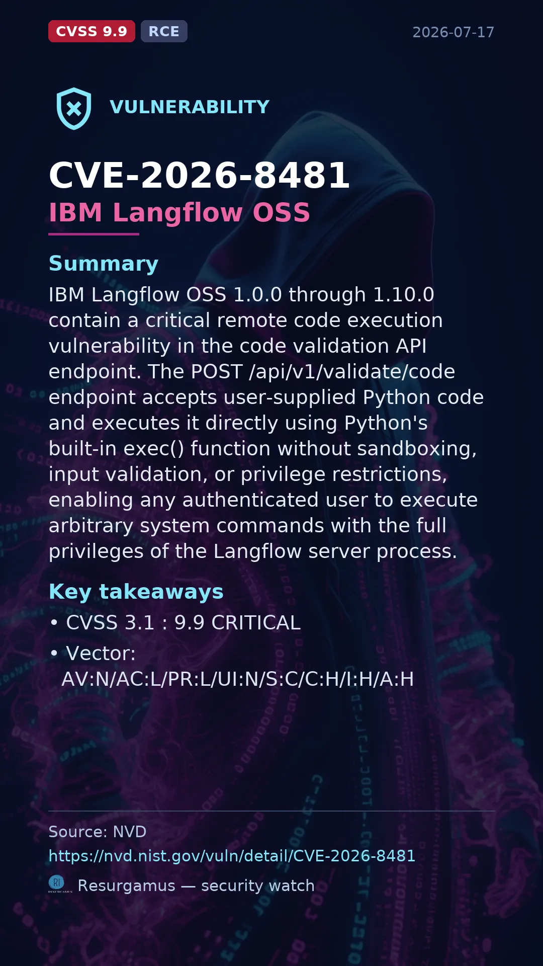 CVE-2026-8481 IBM Langflow OSS Vulnerability
