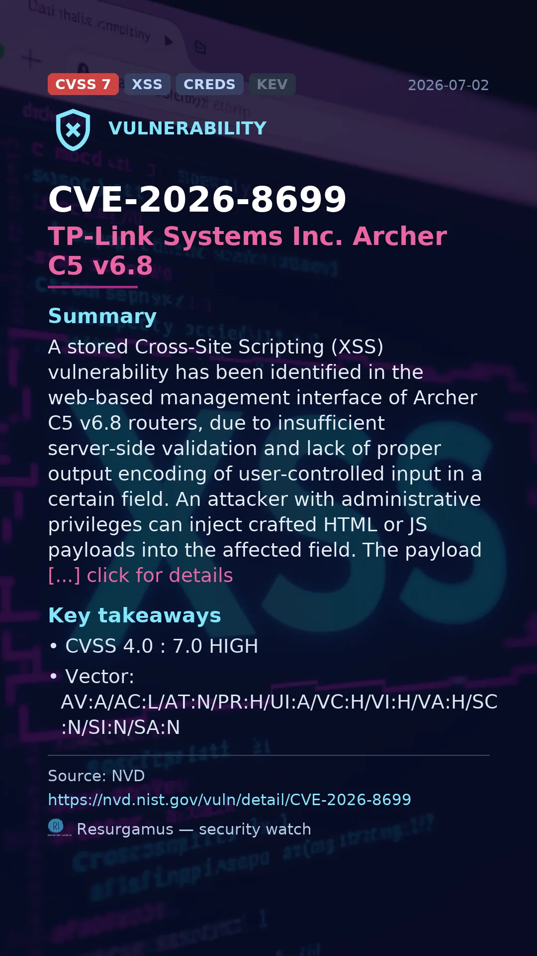 CVE-2026-8699 TP-Link Systems Inc. Archer C5 v6.8 Vulnerability