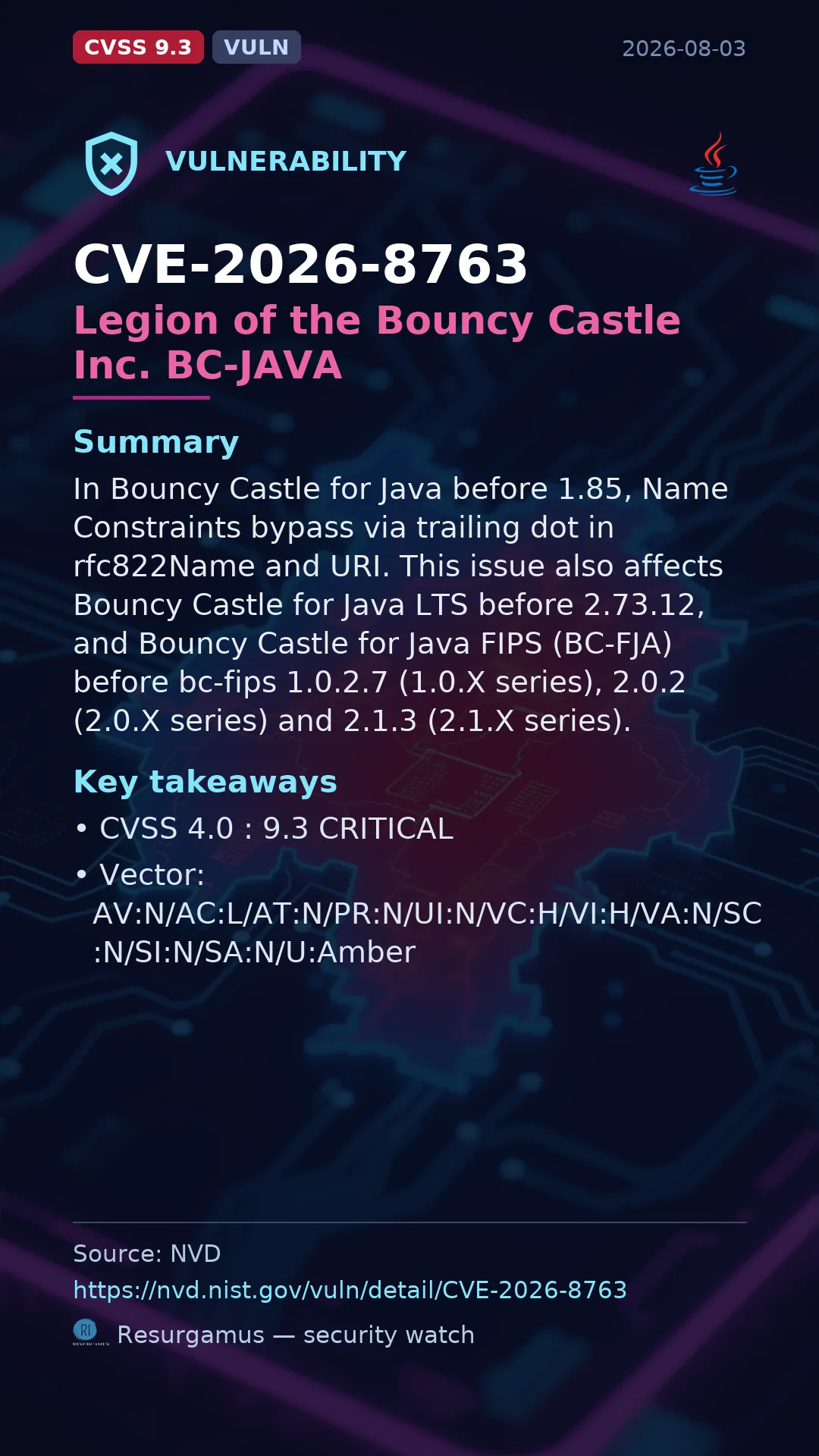 CVE-2026-8763 Legion of the Bouncy Castle Inc. BC-JAVA Vulnerability