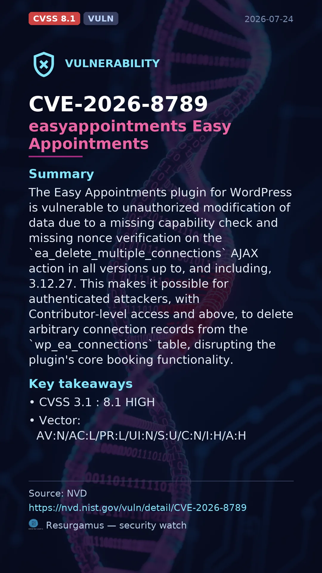 CVE-2026-8789 - easyappointments Easy Appointments vulnerability