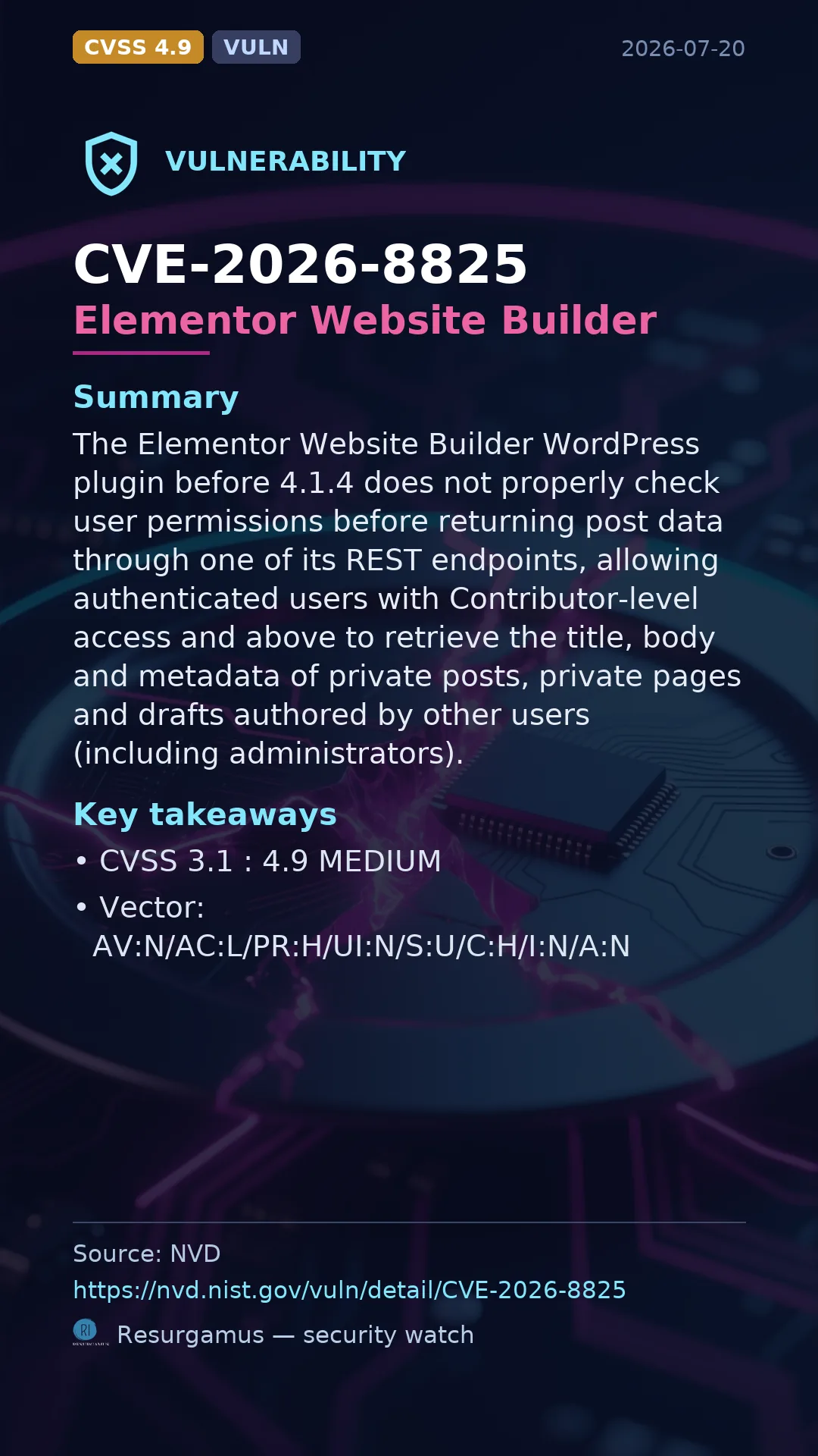 CVE-2026-8825 Elementor Website Builder Vulnerability