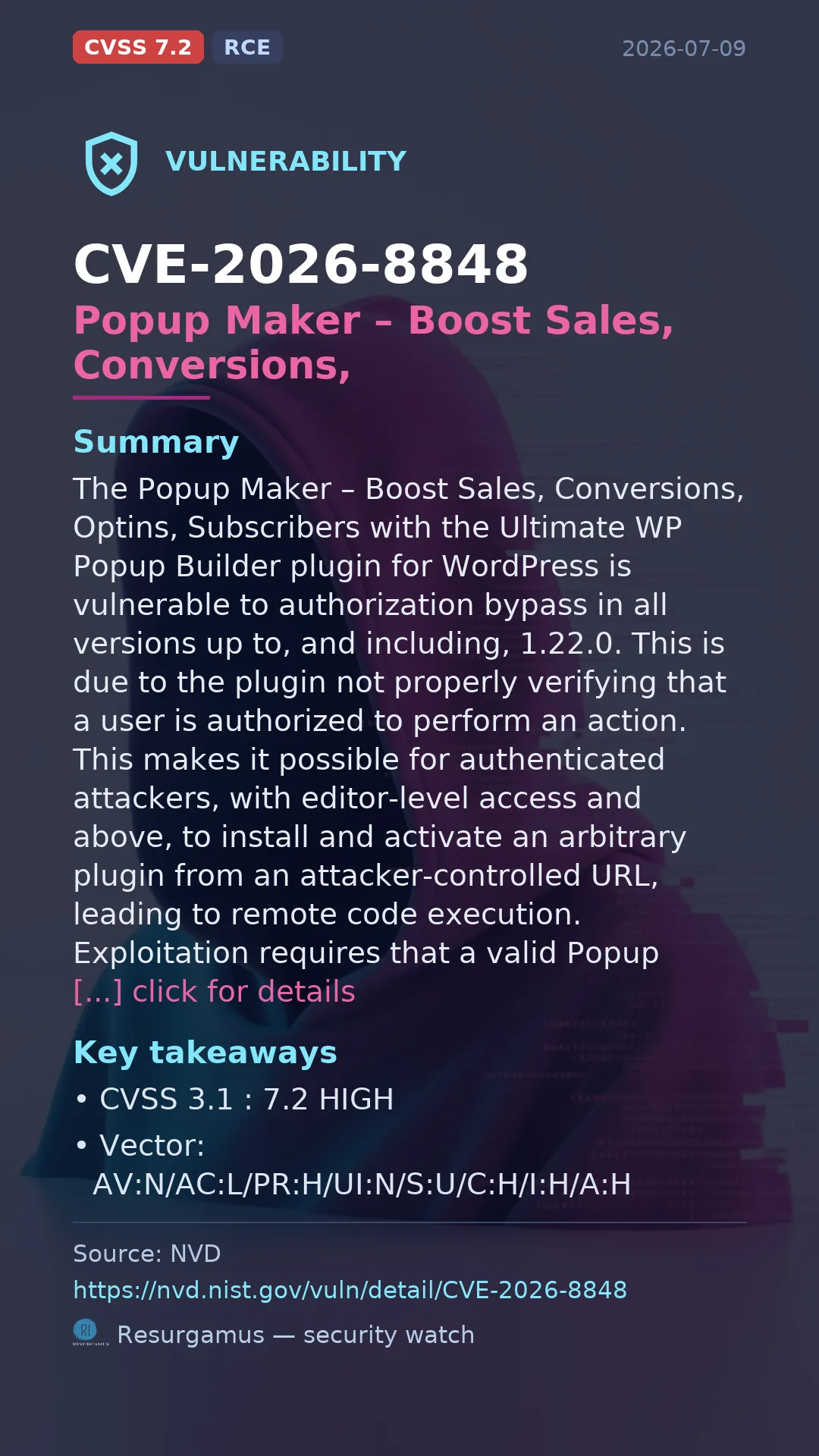 CVE-2026-8848 Popup Maker – Boost Sales, Conversions,  Vulnerability