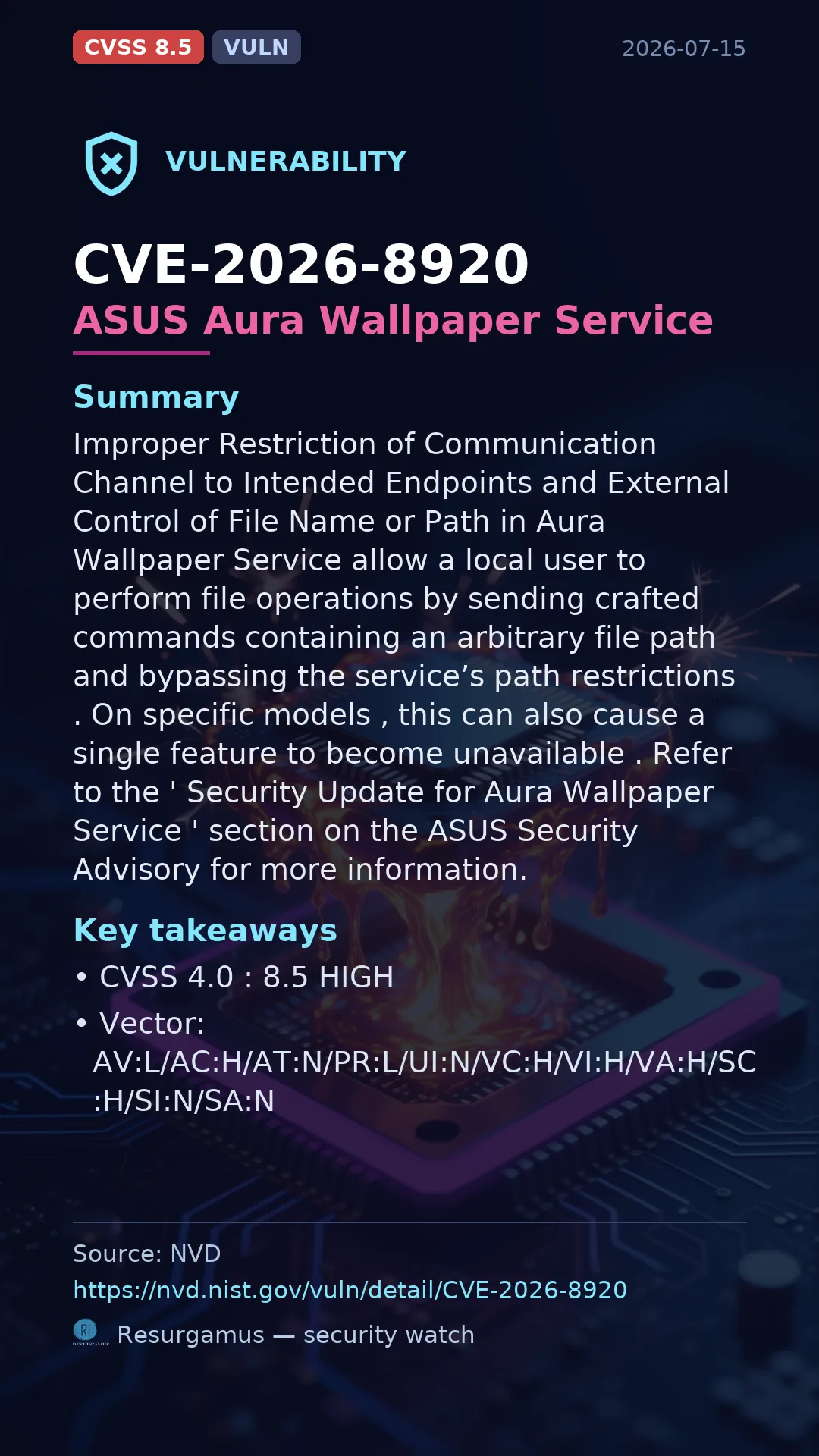 CVE-2026-8920 ASUS Aura Wallpaper Service Vulnerability