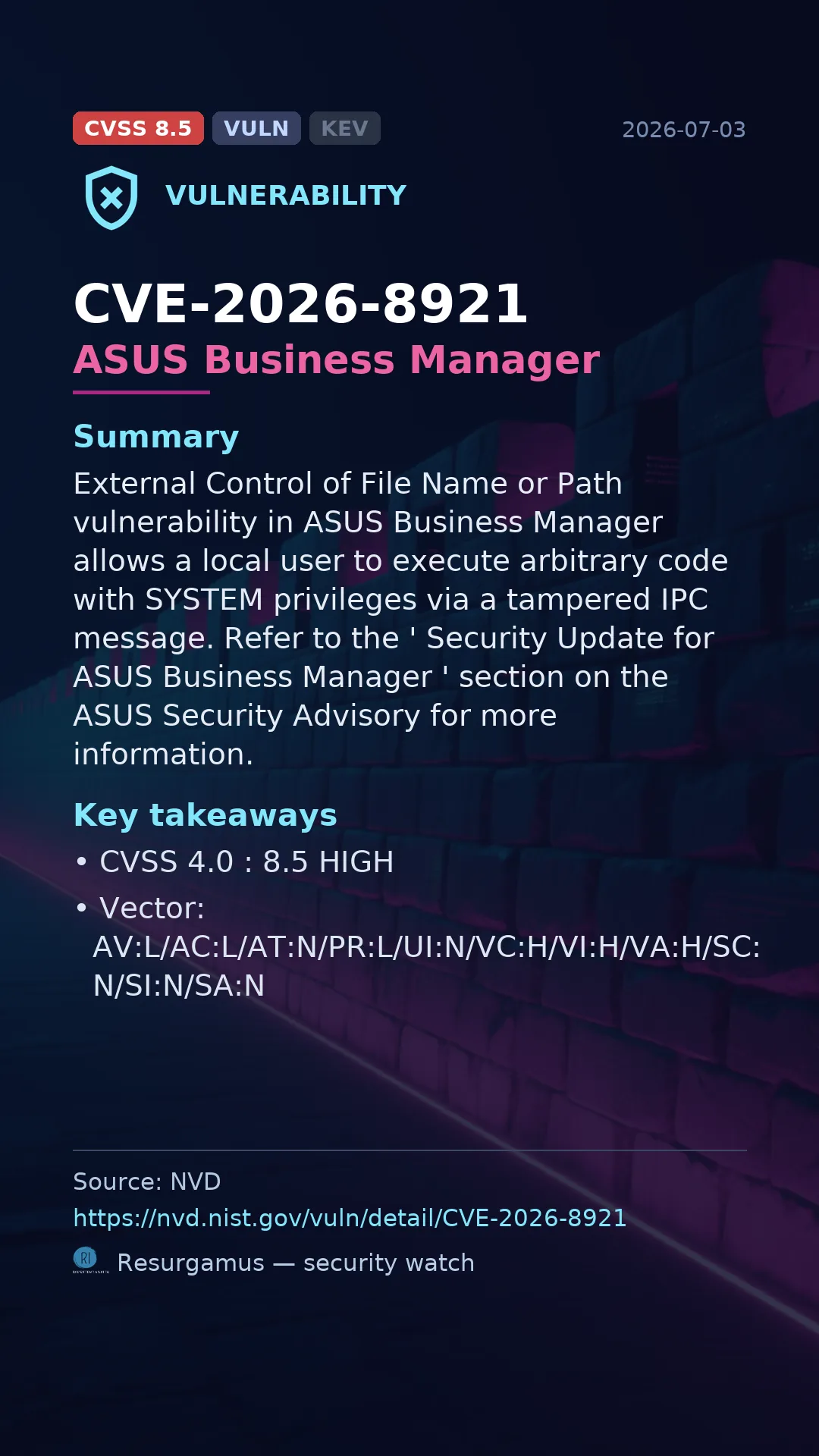 CVE-2026-8921 ASUS Business Manager Vulnerability