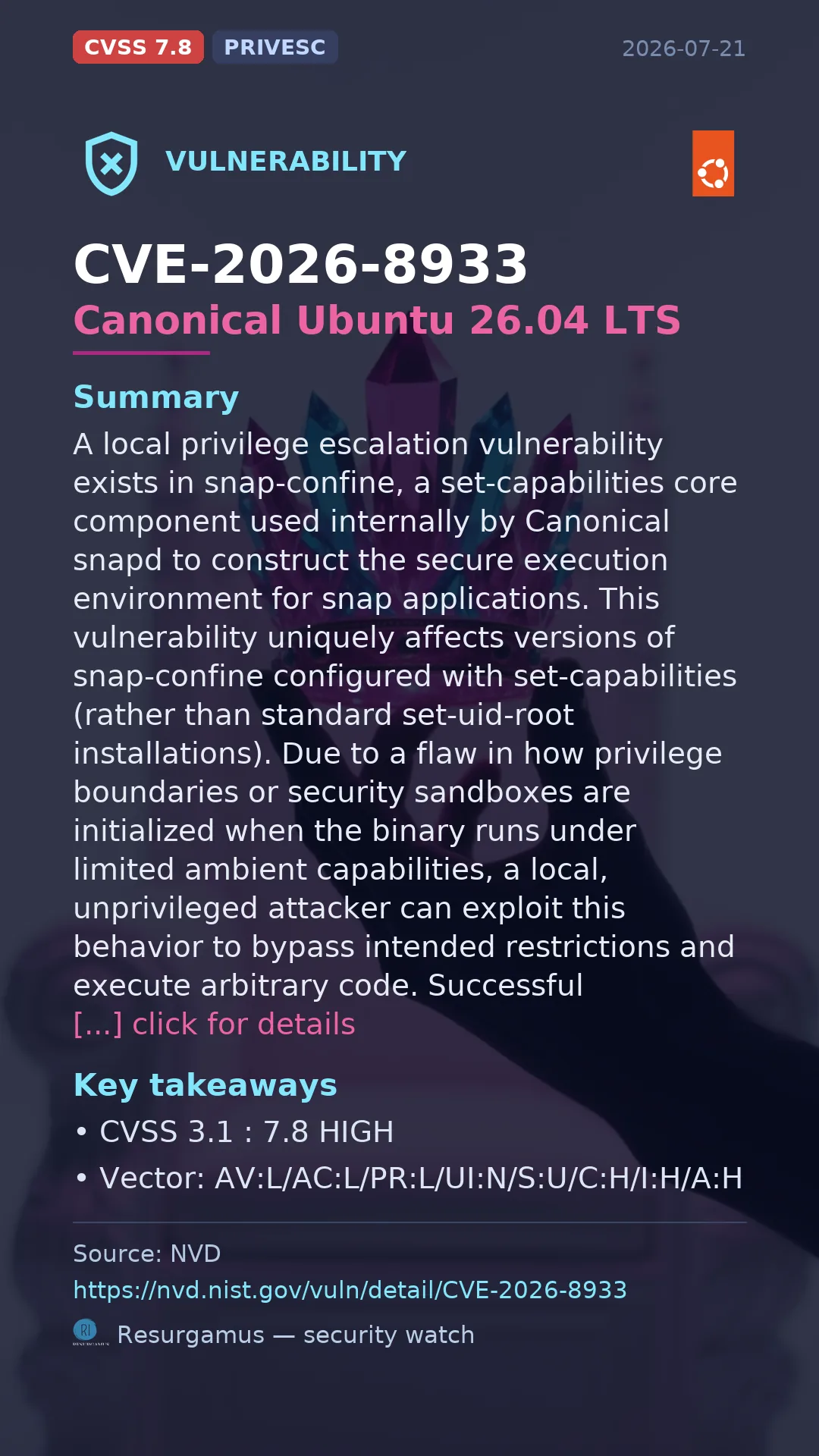CVE-2026-8933 Canonical Ubuntu 26.04 LTS Vulnerability