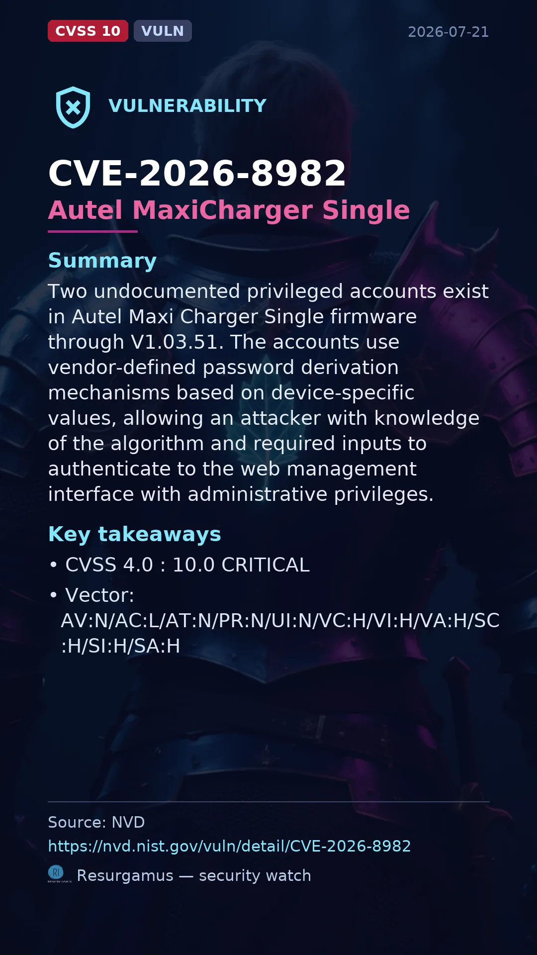 CVE-2026-8982 Autel MaxiCharger Single Vulnerability