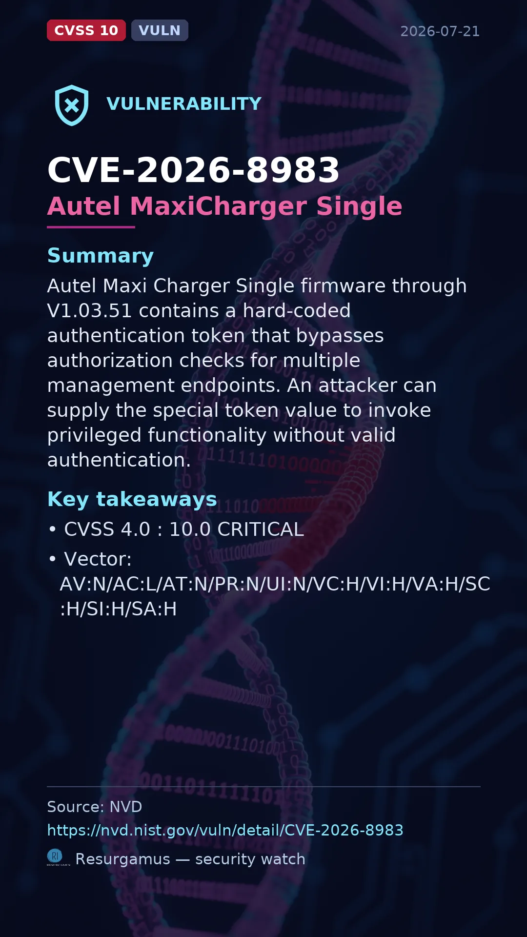 CVE-2026-8983 Autel MaxiCharger Single Vulnerability