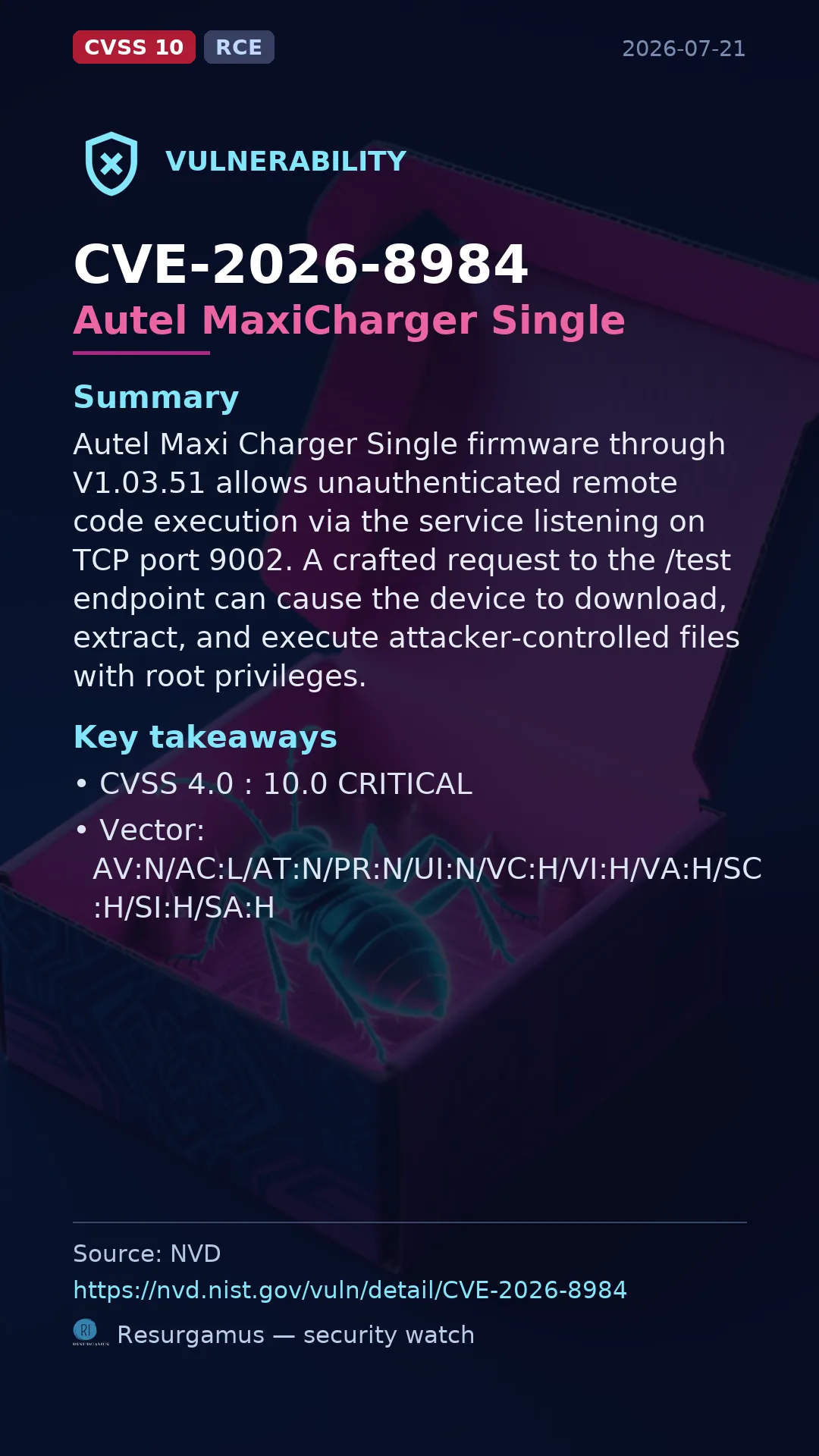 CVE-2026-8984 Autel MaxiCharger Single Vulnerability